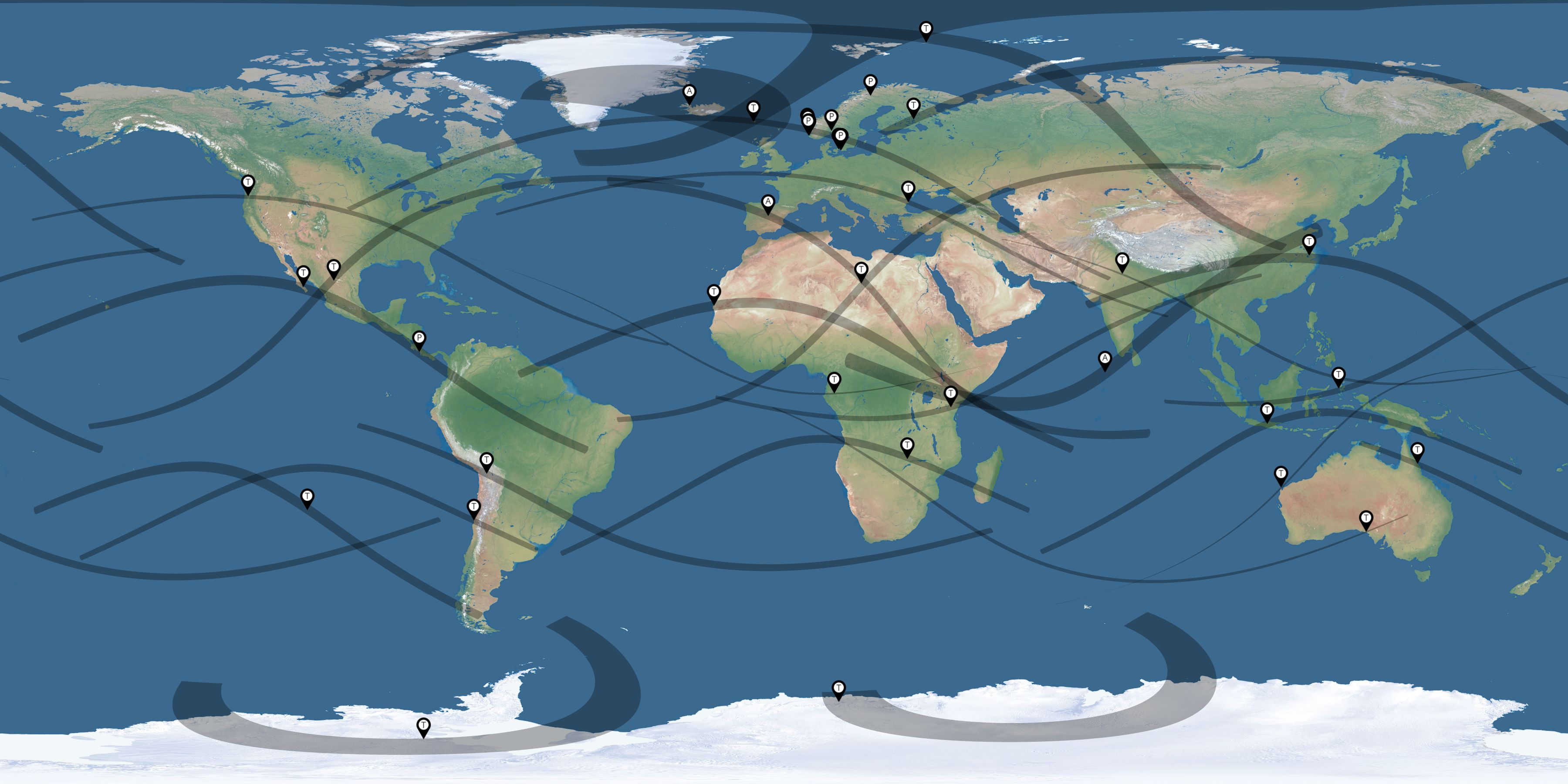 Map of the solar eclipses reported by Tora Greve