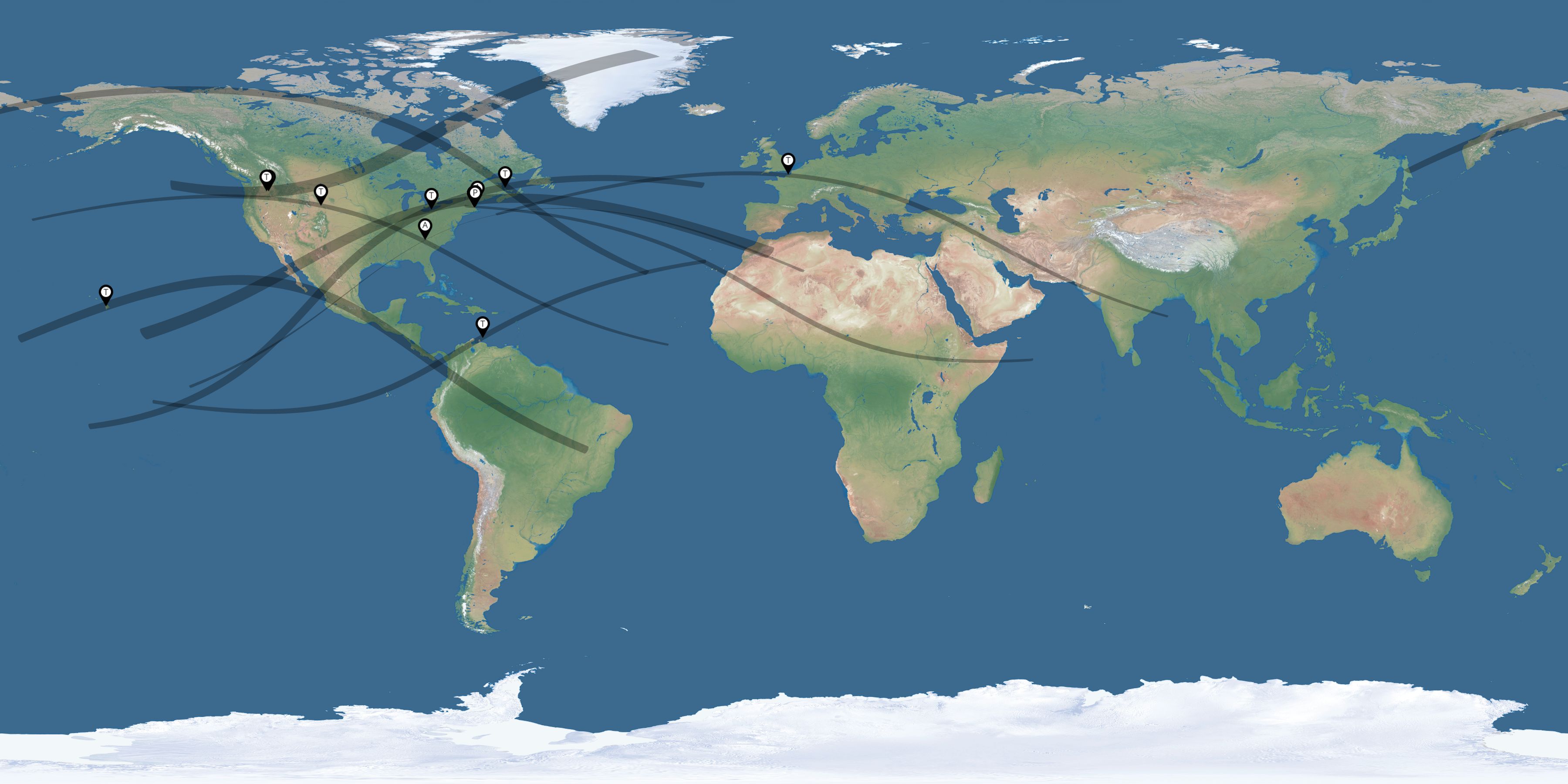 Map of the solar eclipses reported by Marc Maccini