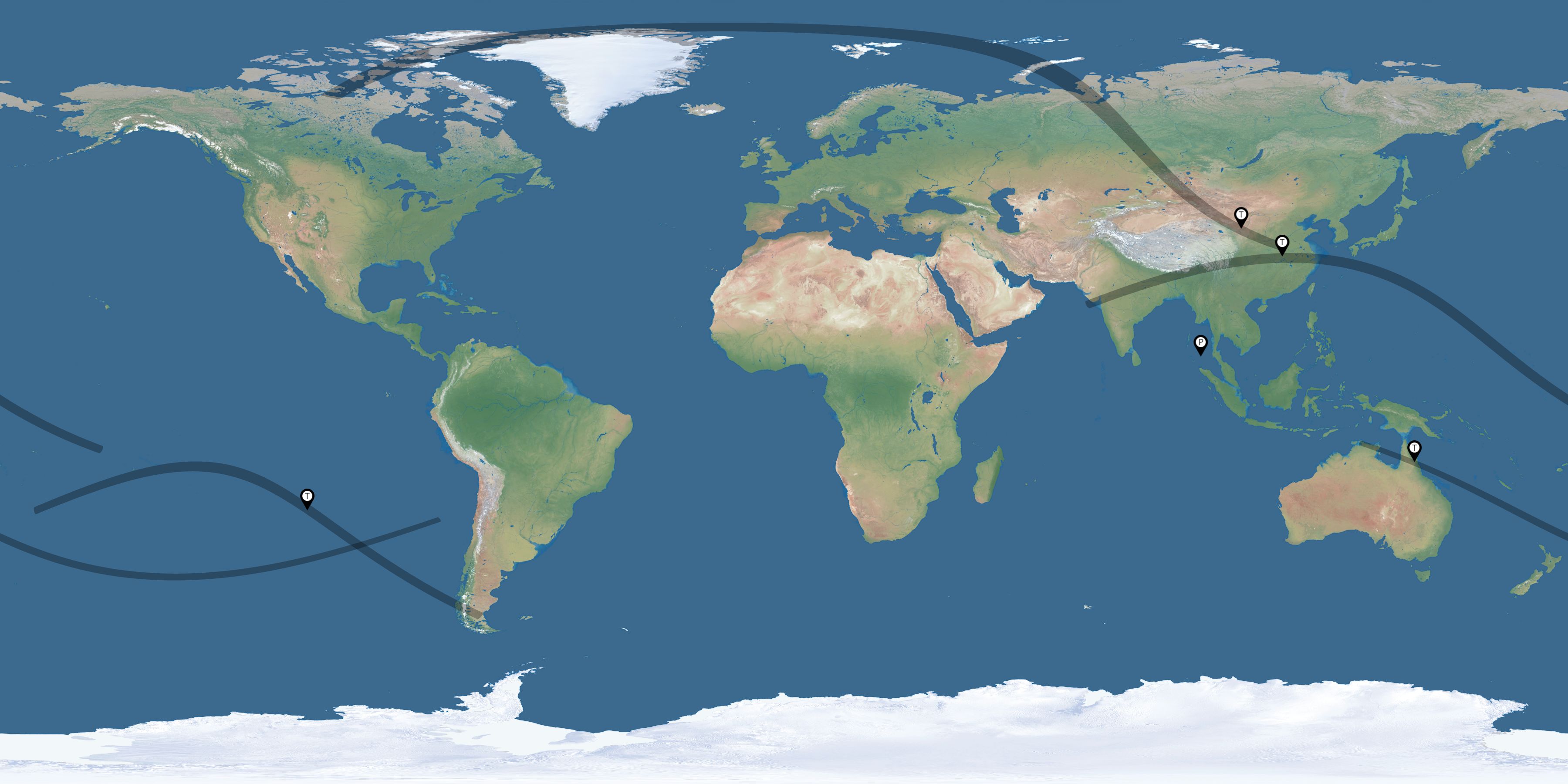 Map of the solar eclipses reported by Chris Ergen