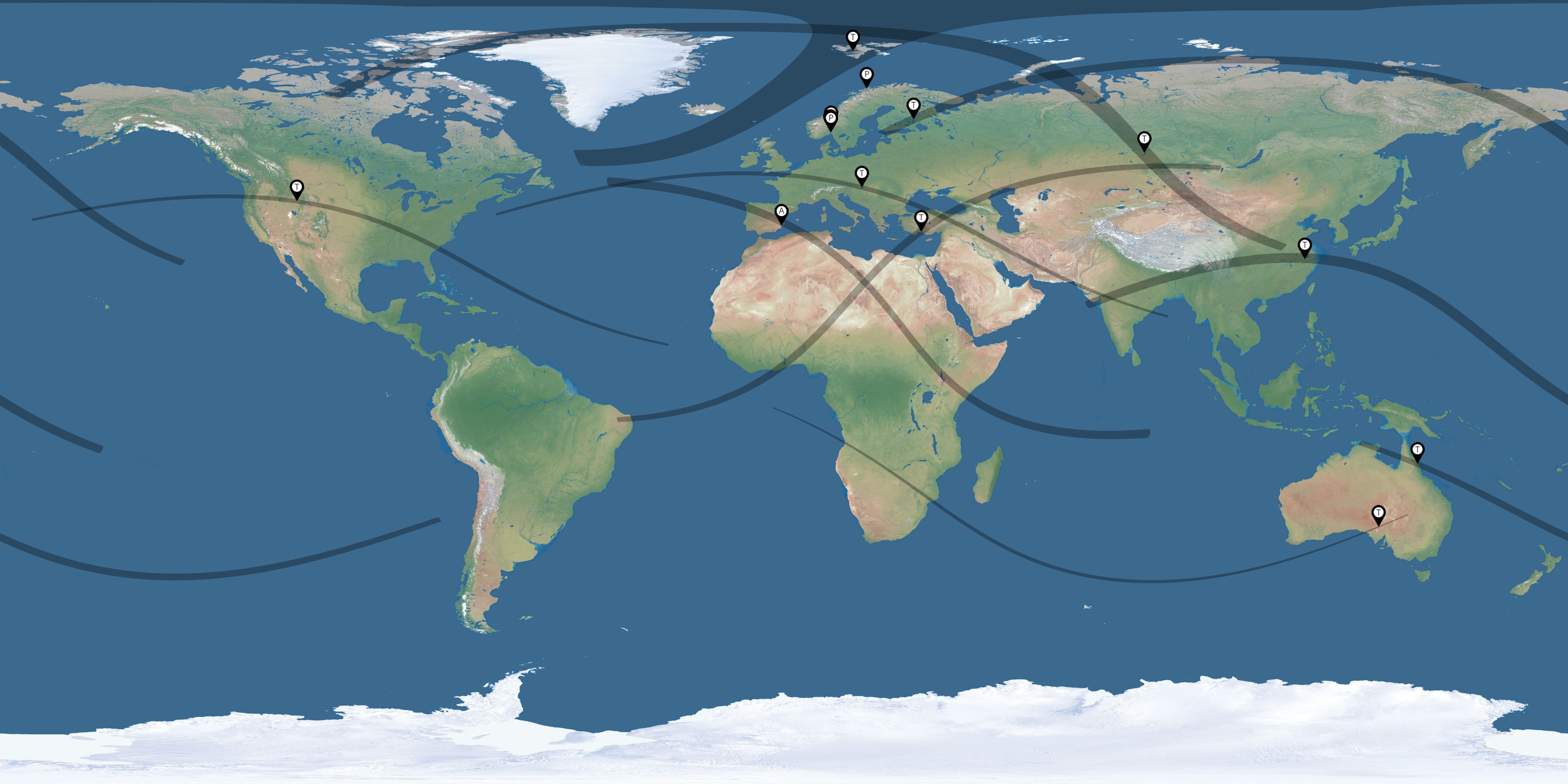 Map of the solar eclipses reported by Arne Danielsen