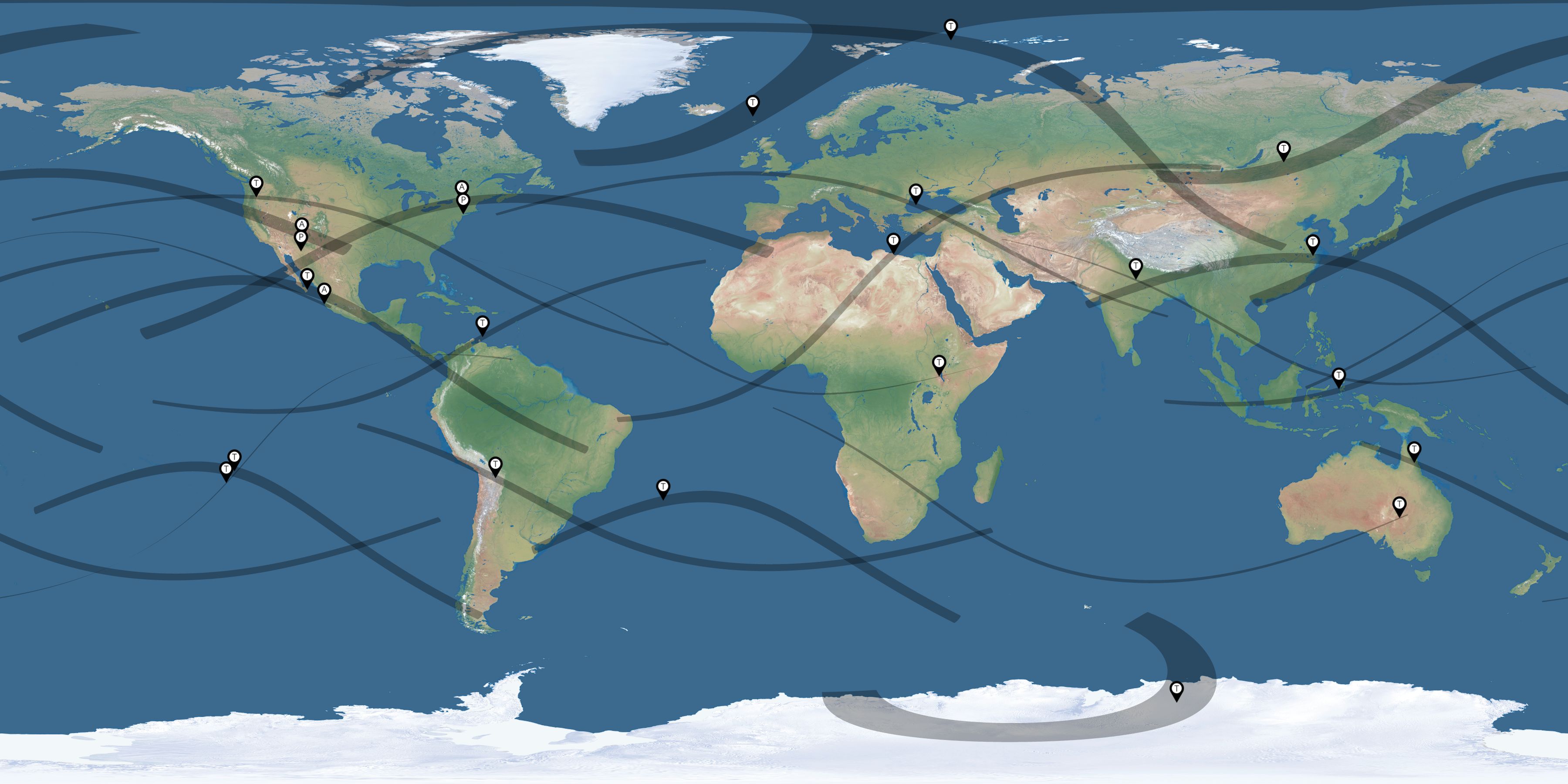 Map of the solar eclipses reported by Joel Moskowitz