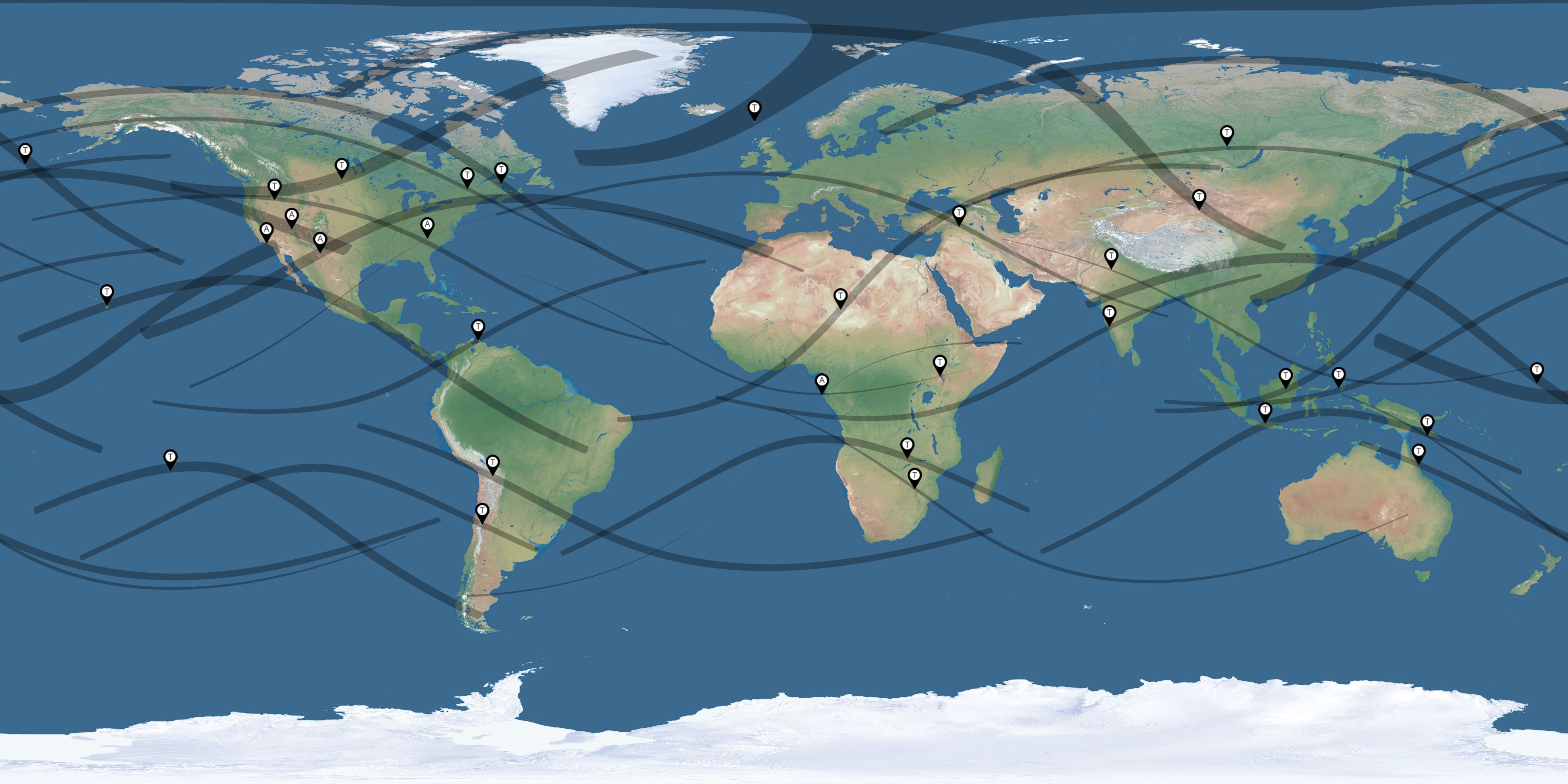 Map of the solar eclipses reported by Jacques Guertin