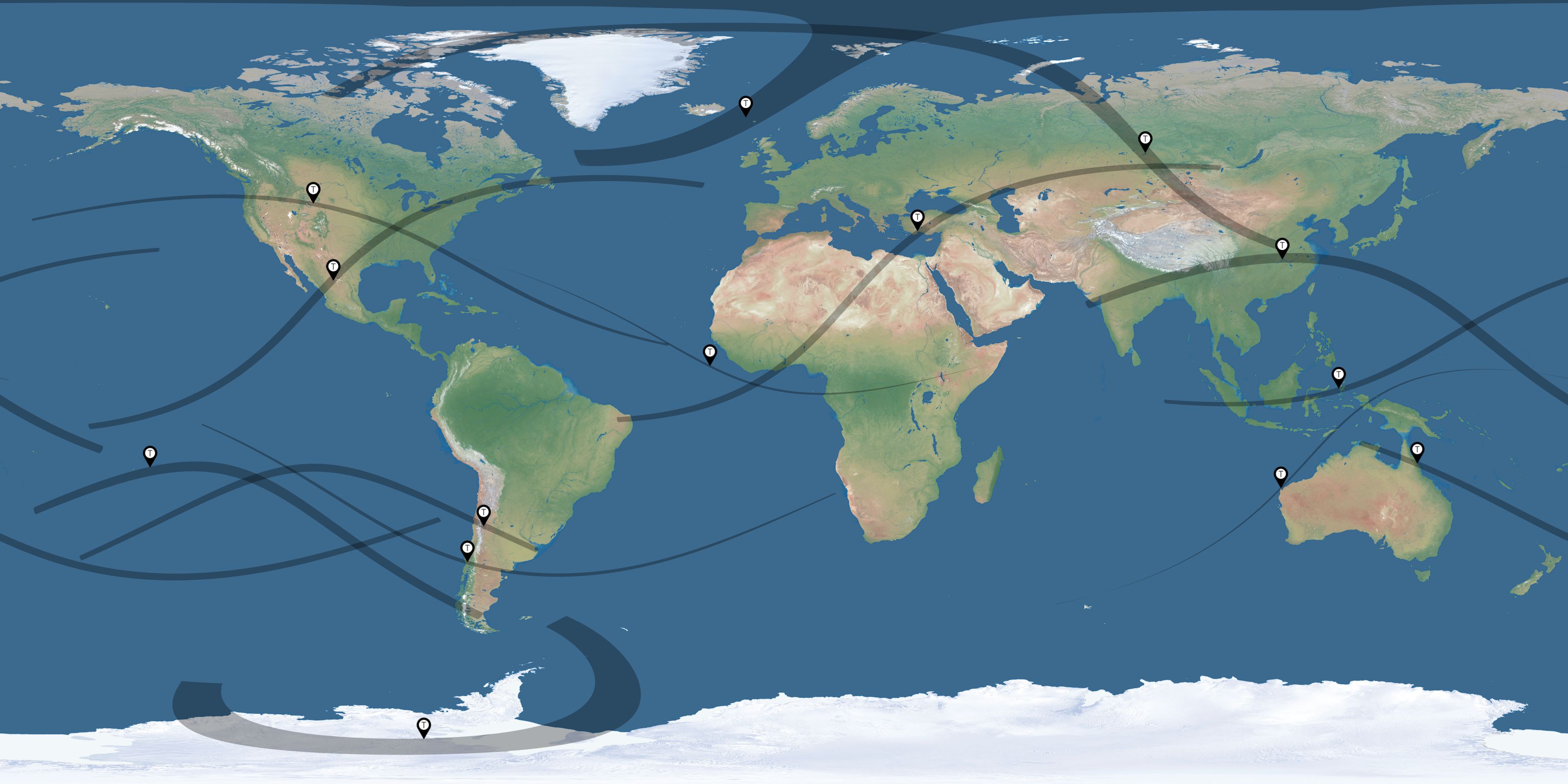 Map of the solar eclipses reported by Albert Rowland