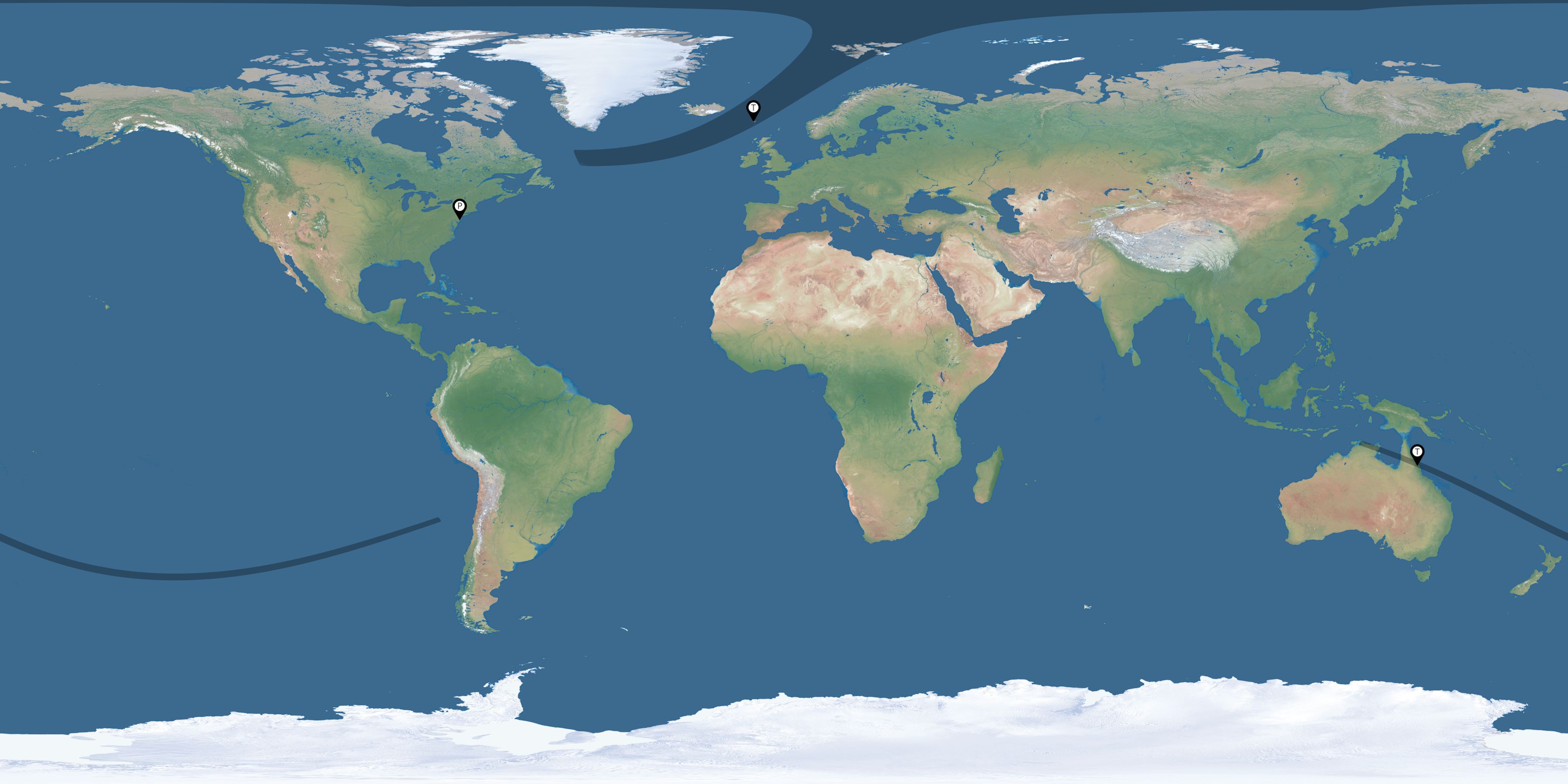 Map of the solar eclipses reported by Eric Adams