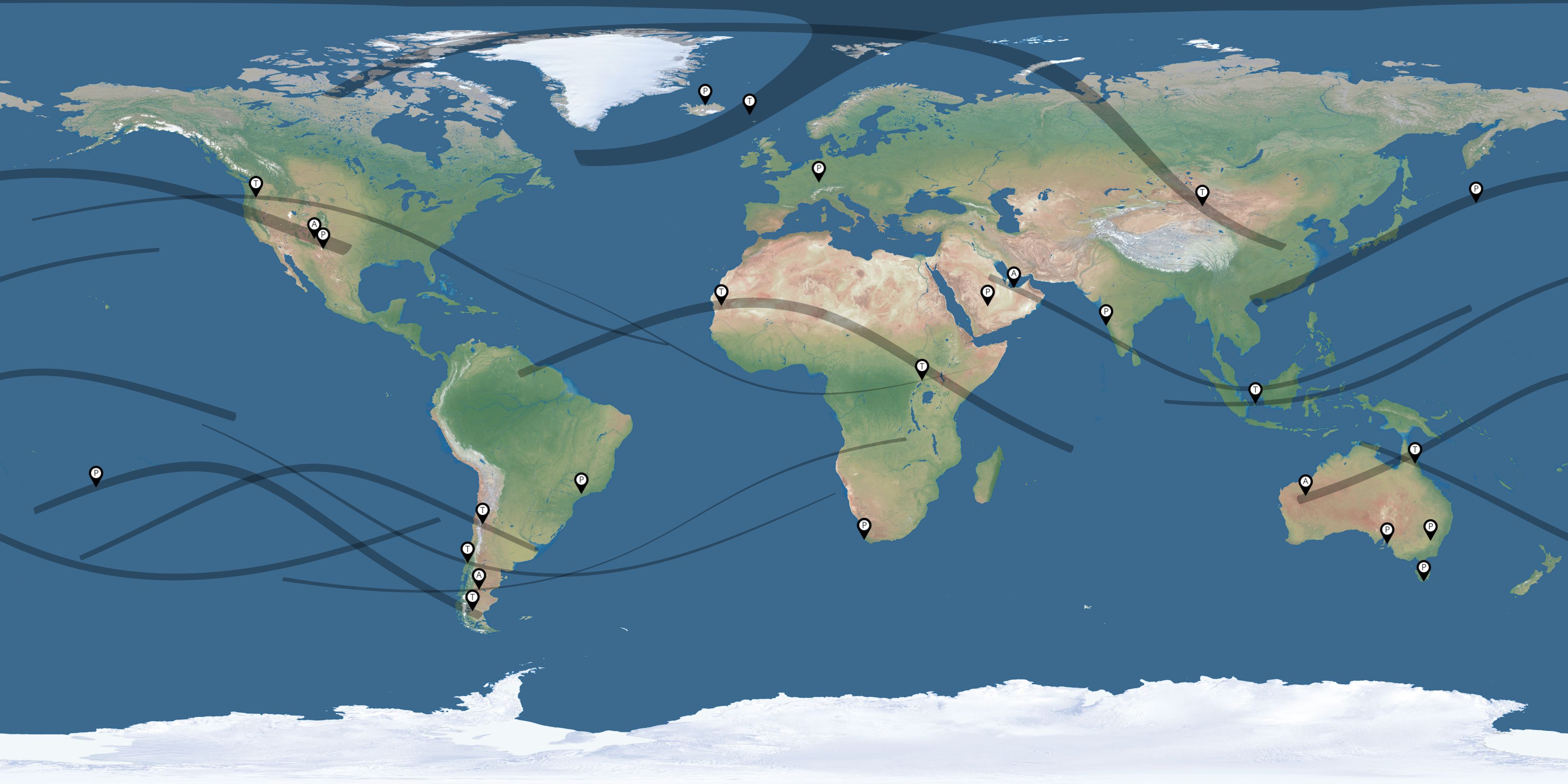 Map of the solar eclipses reported by Till Testaccount