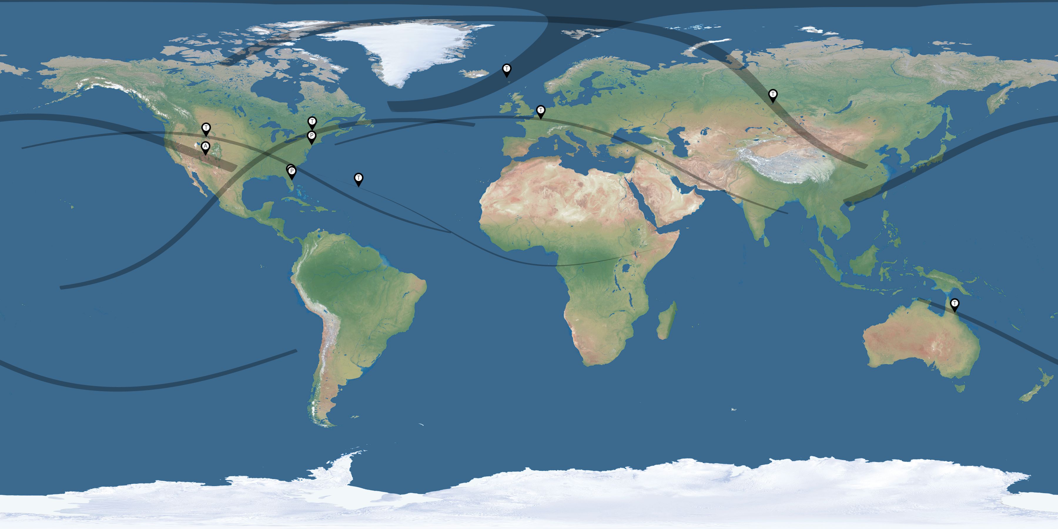 Map of the solar eclipses reported by Ben Cooper