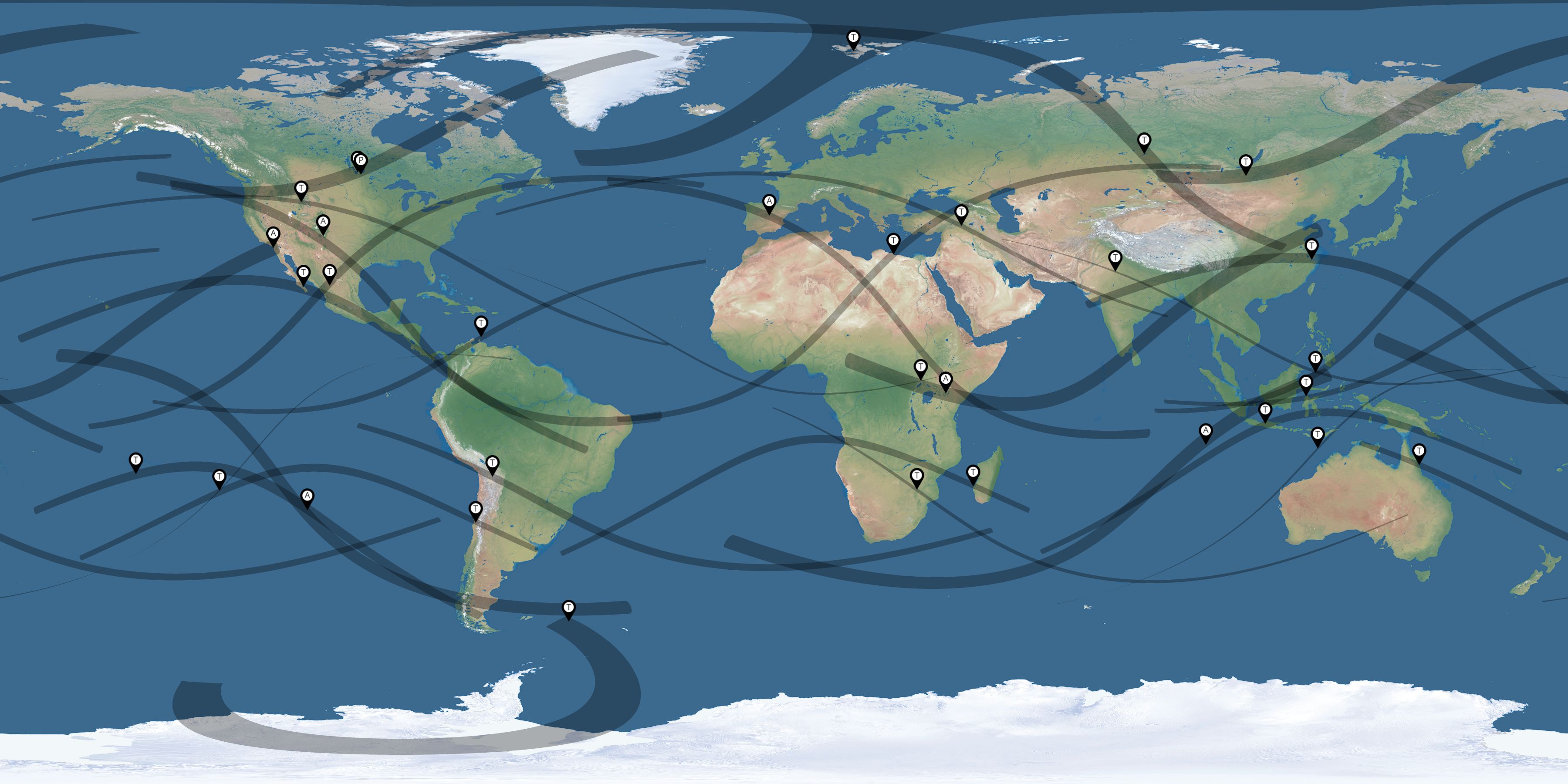 Map of the solar eclipses reported by Judy Anderson