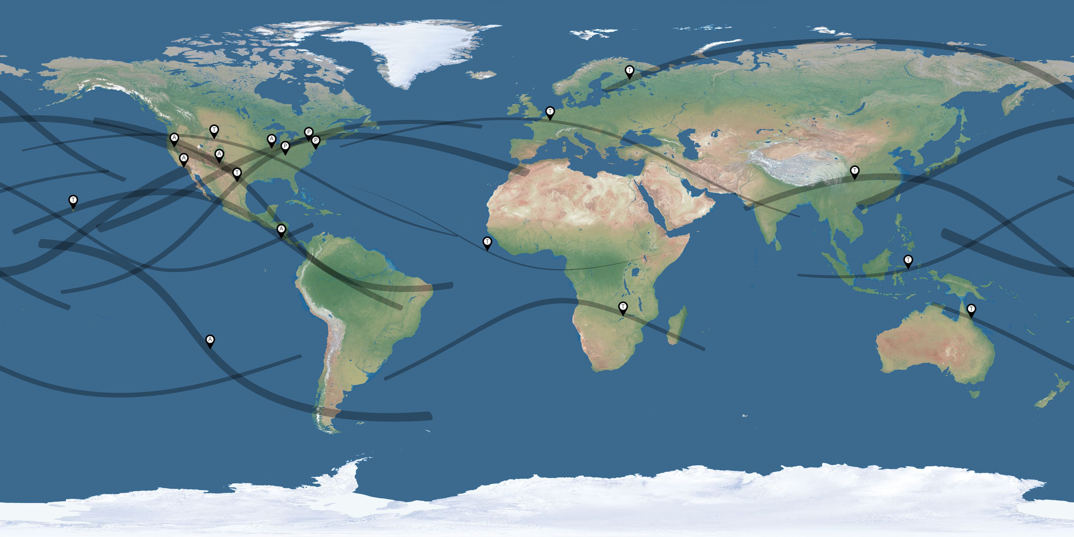 Map of the solar eclipses reported by Richard Bareford