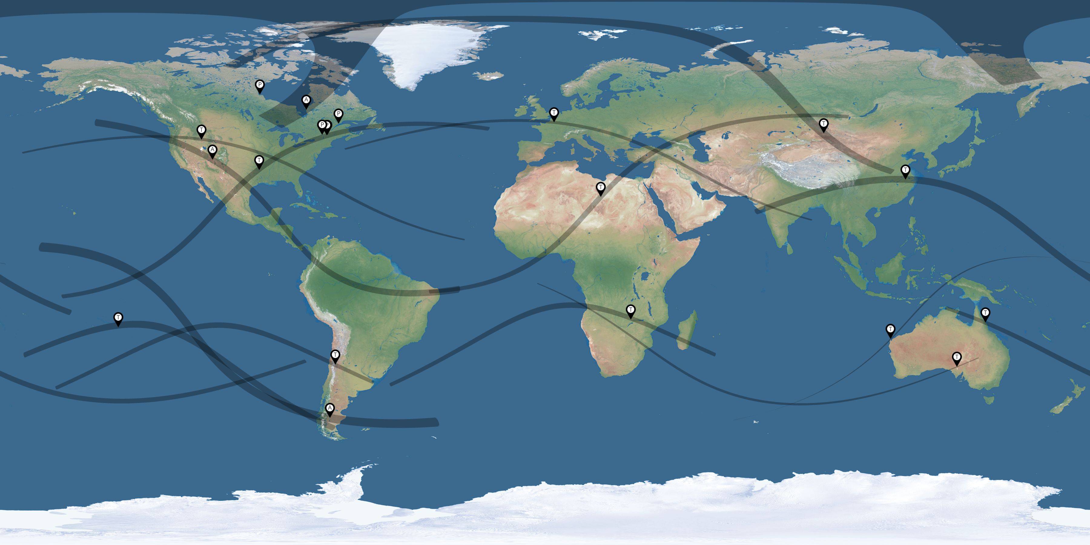 Map of the solar eclipses reported by Jean-Francois Guay