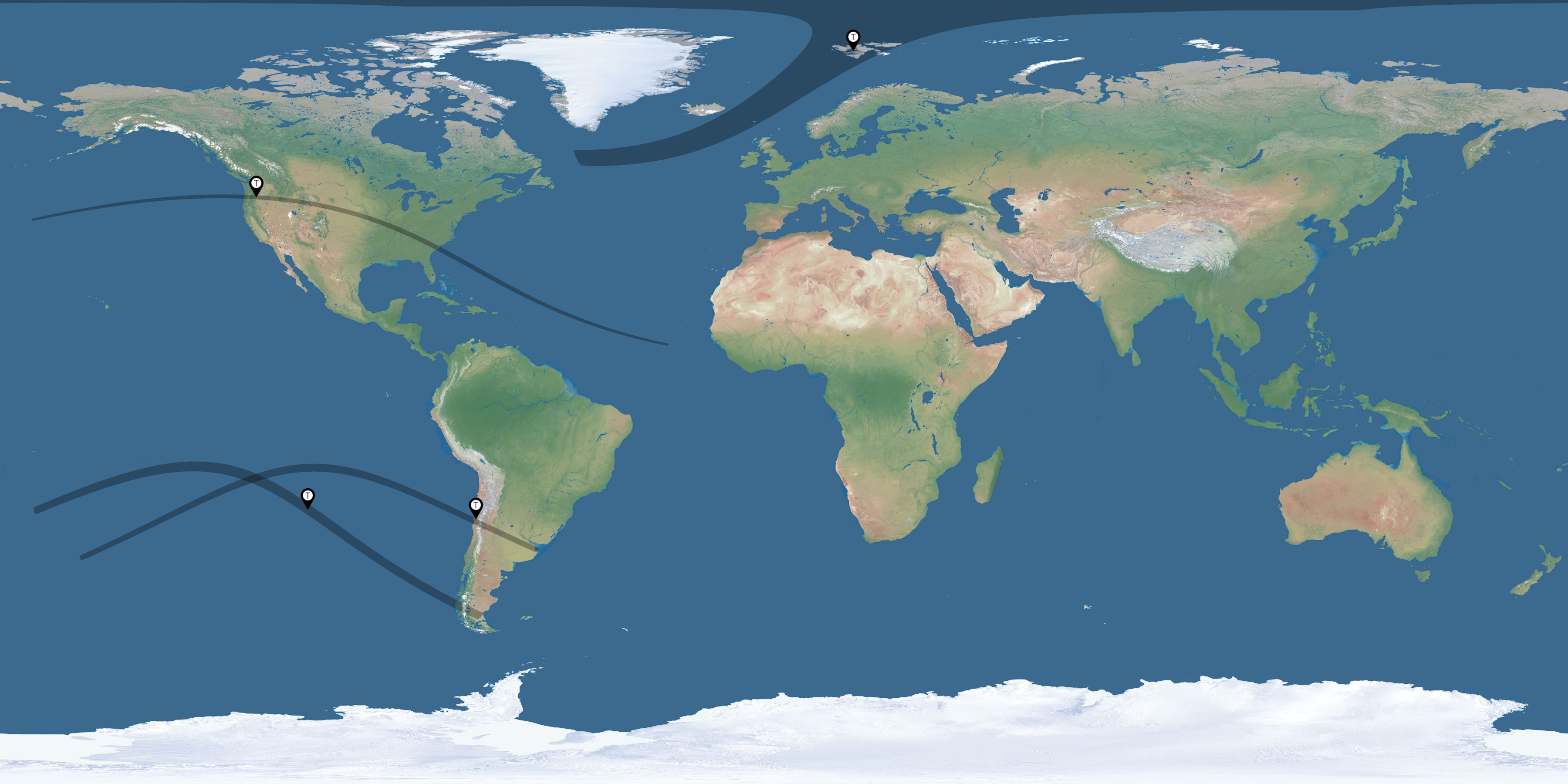 Map of the solar eclipses reported by Apollo Fredheim