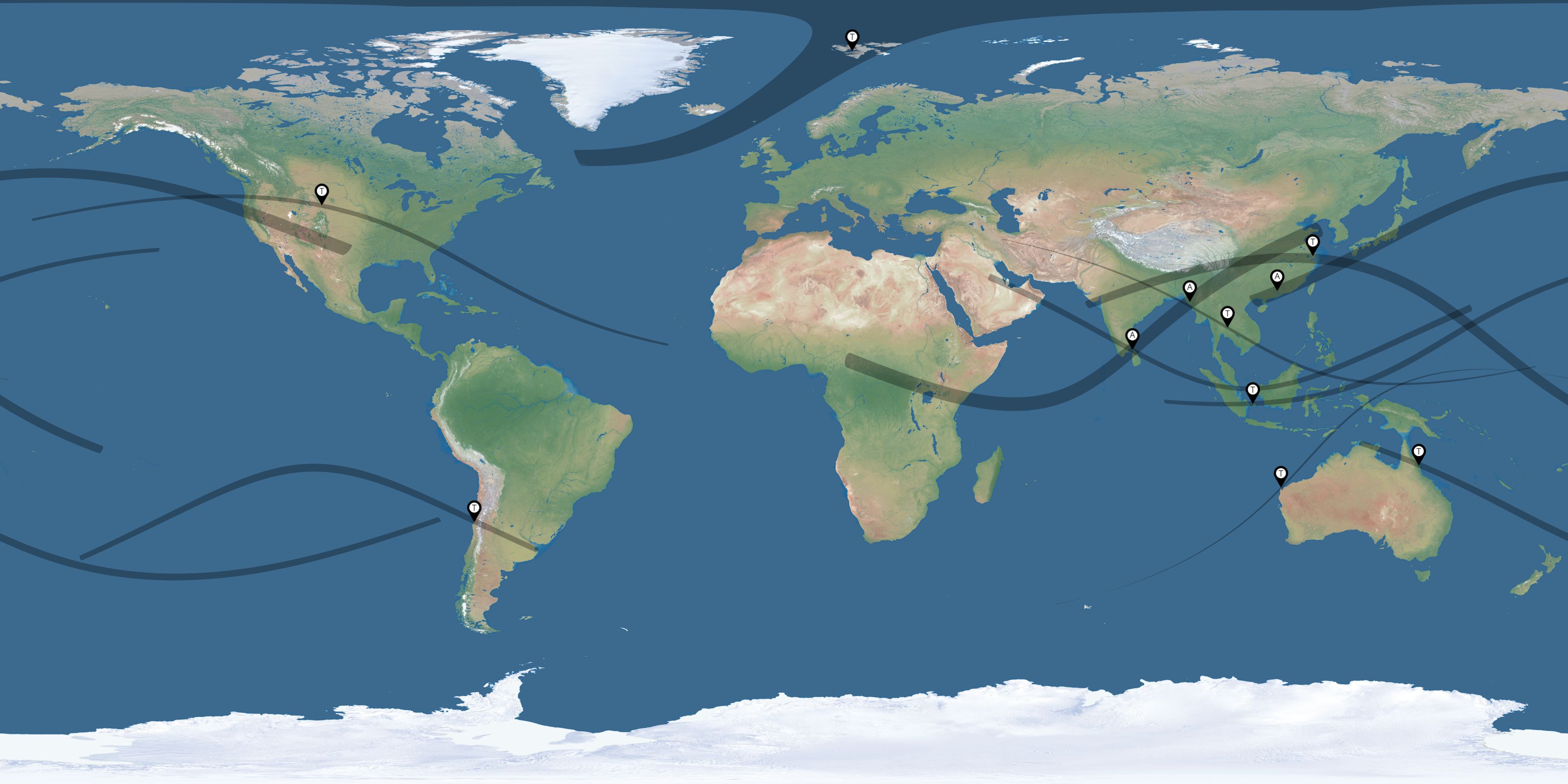 Map of the solar eclipses reported by PONG SKUNTANAGA