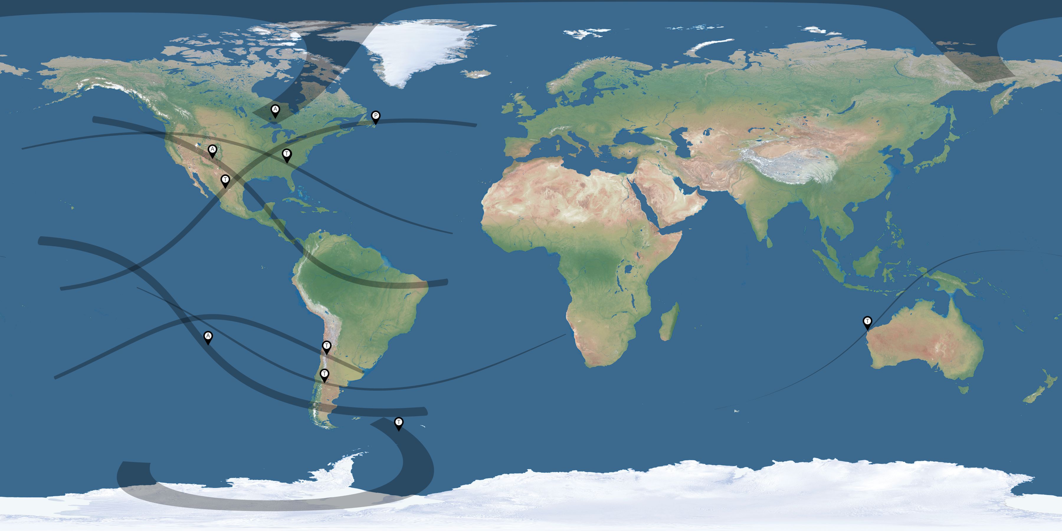 Map of the solar eclipses reported by Scott Radford