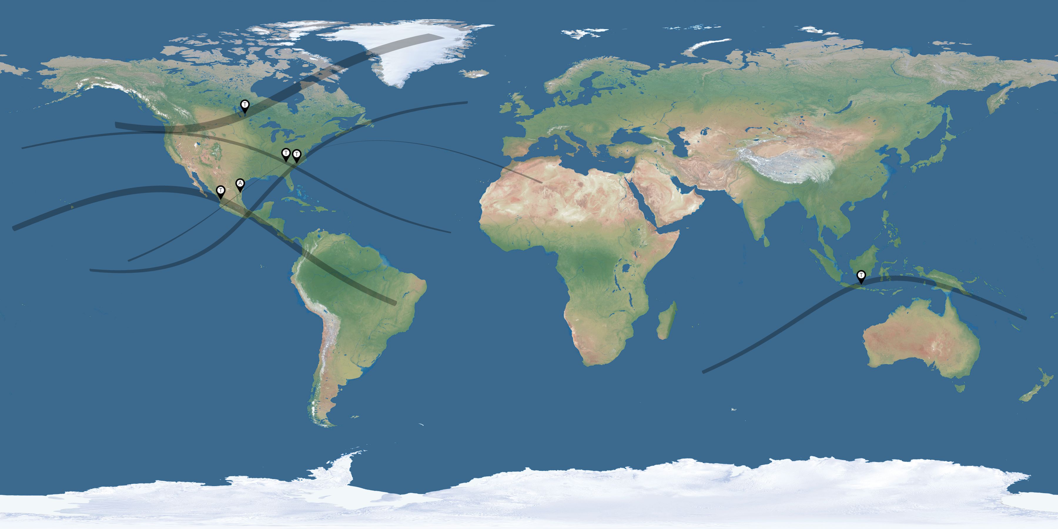 Map of the solar eclipses reported by Dr John D Bernard
