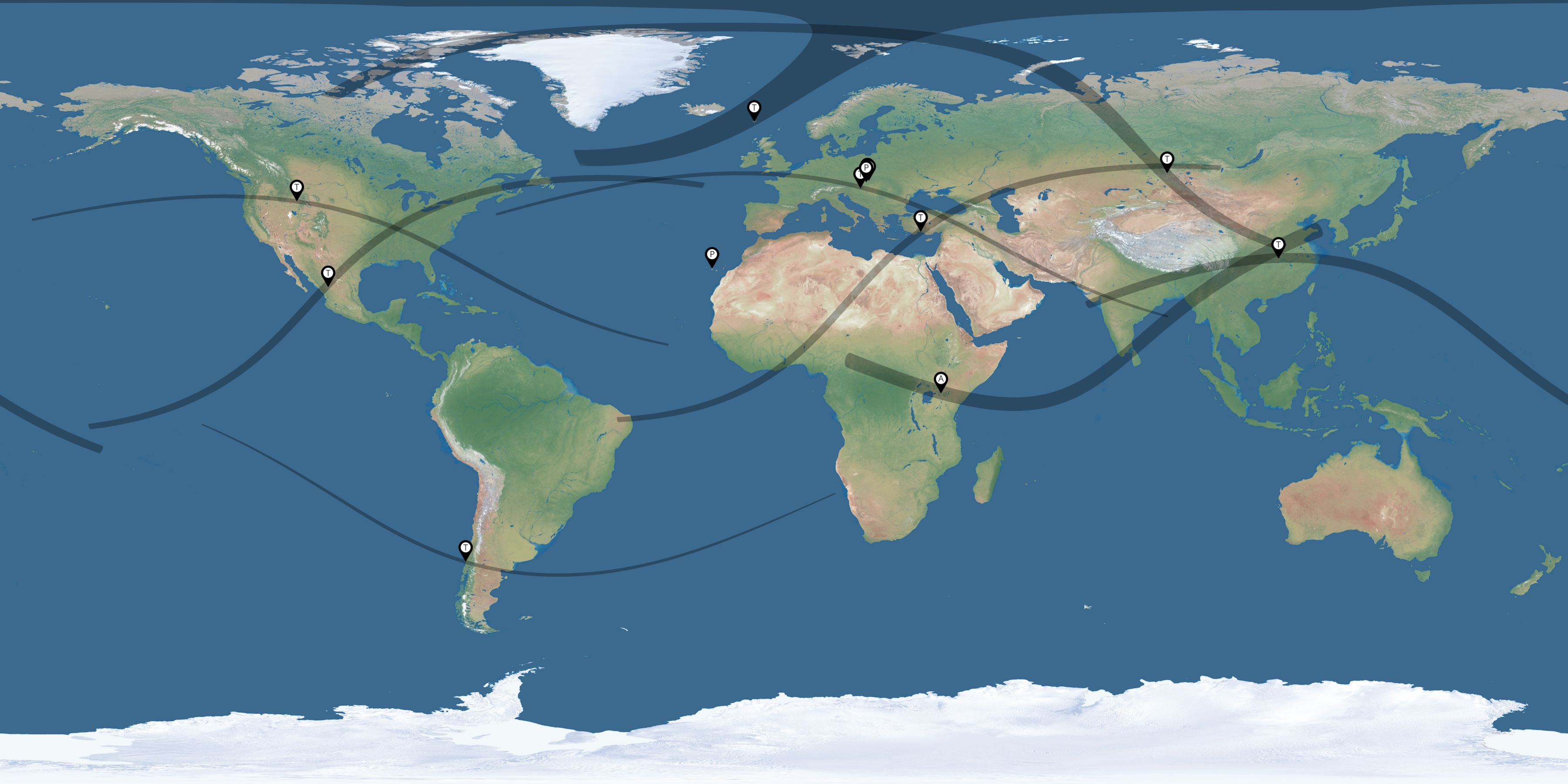 Map of the solar eclipses reported by Stanislav Kaniansky