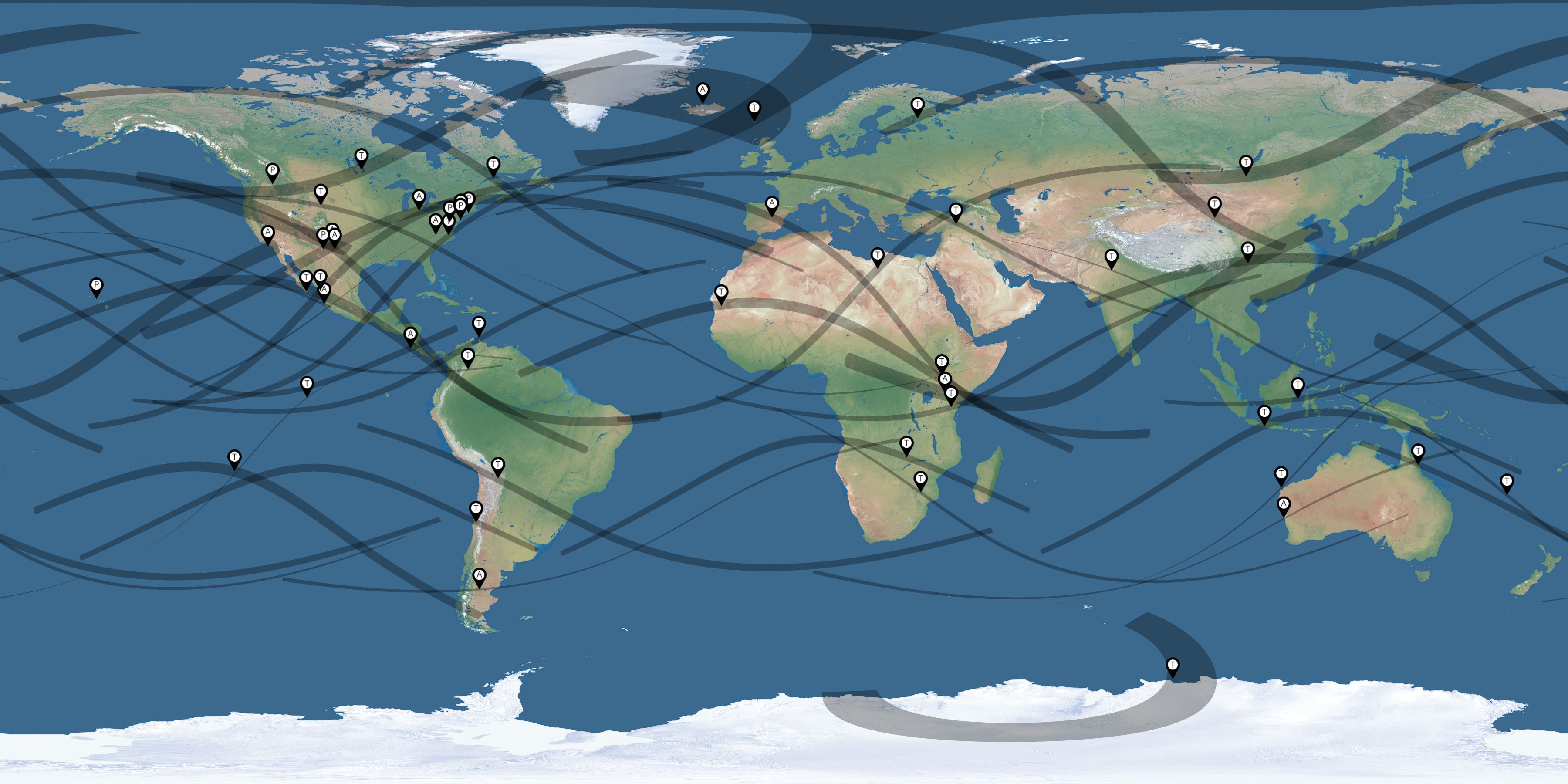 Map of the solar eclipses reported by Fred Espenak ✝