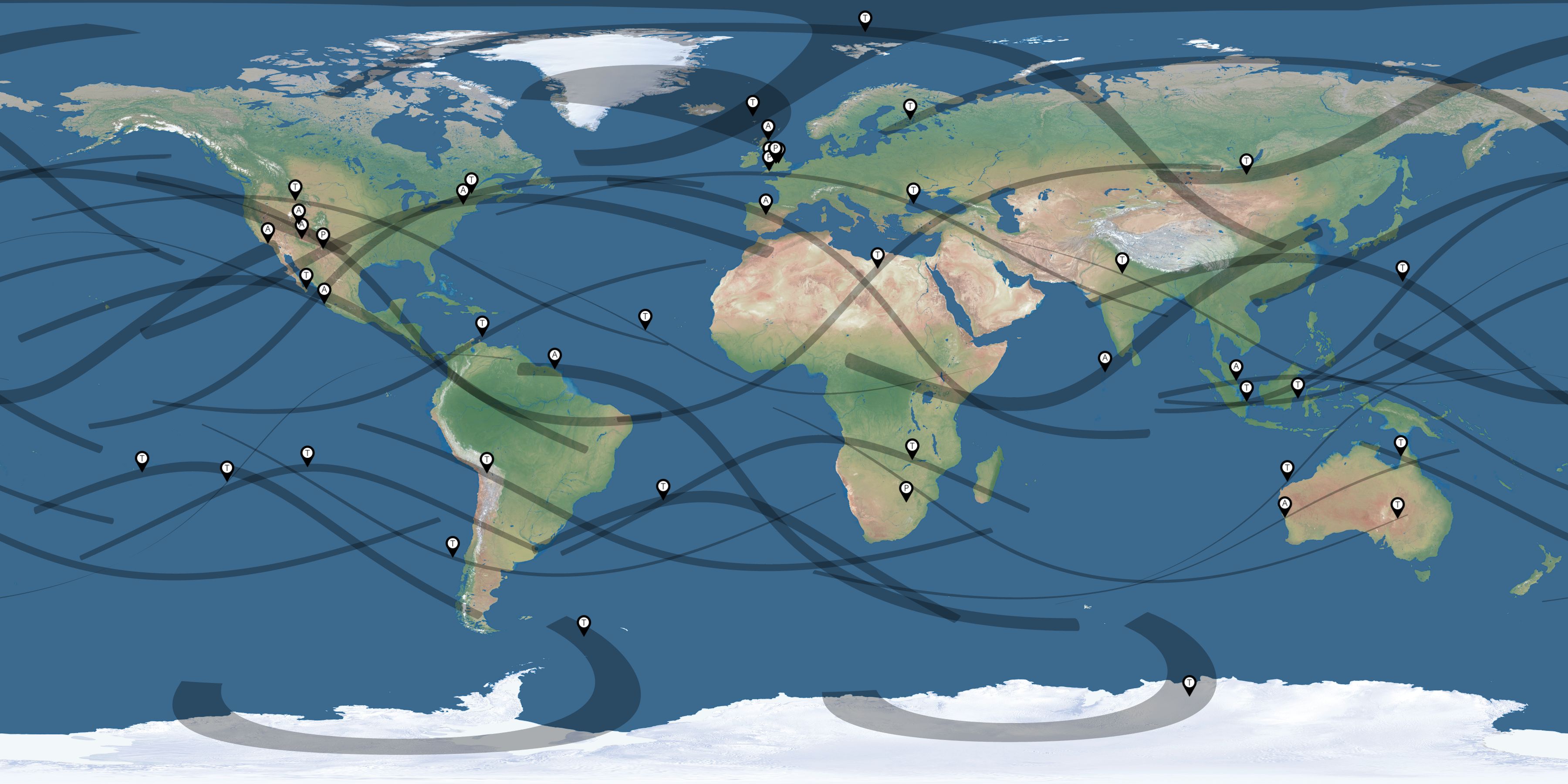 Map of the solar eclipses reported by Michael Gill