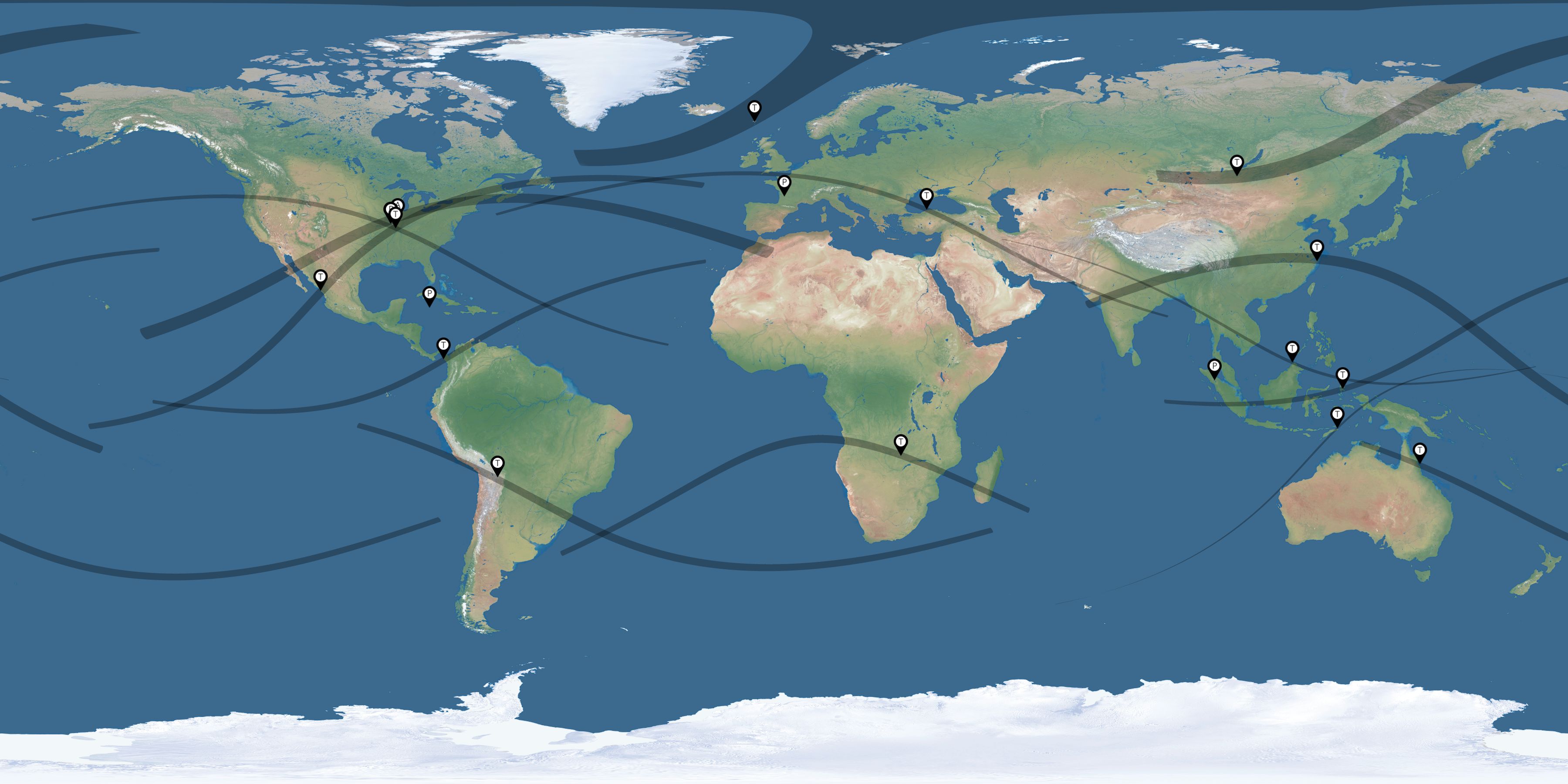 Map of the solar eclipses reported by Guy Petzall