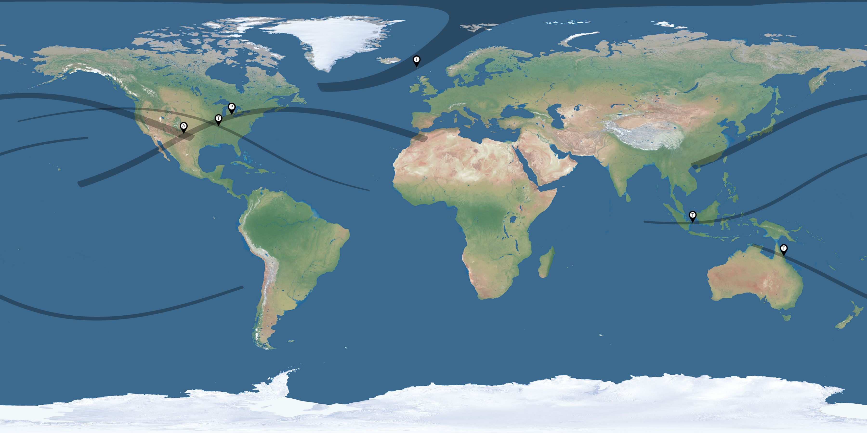 Map of the solar eclipses reported by Michael Meade