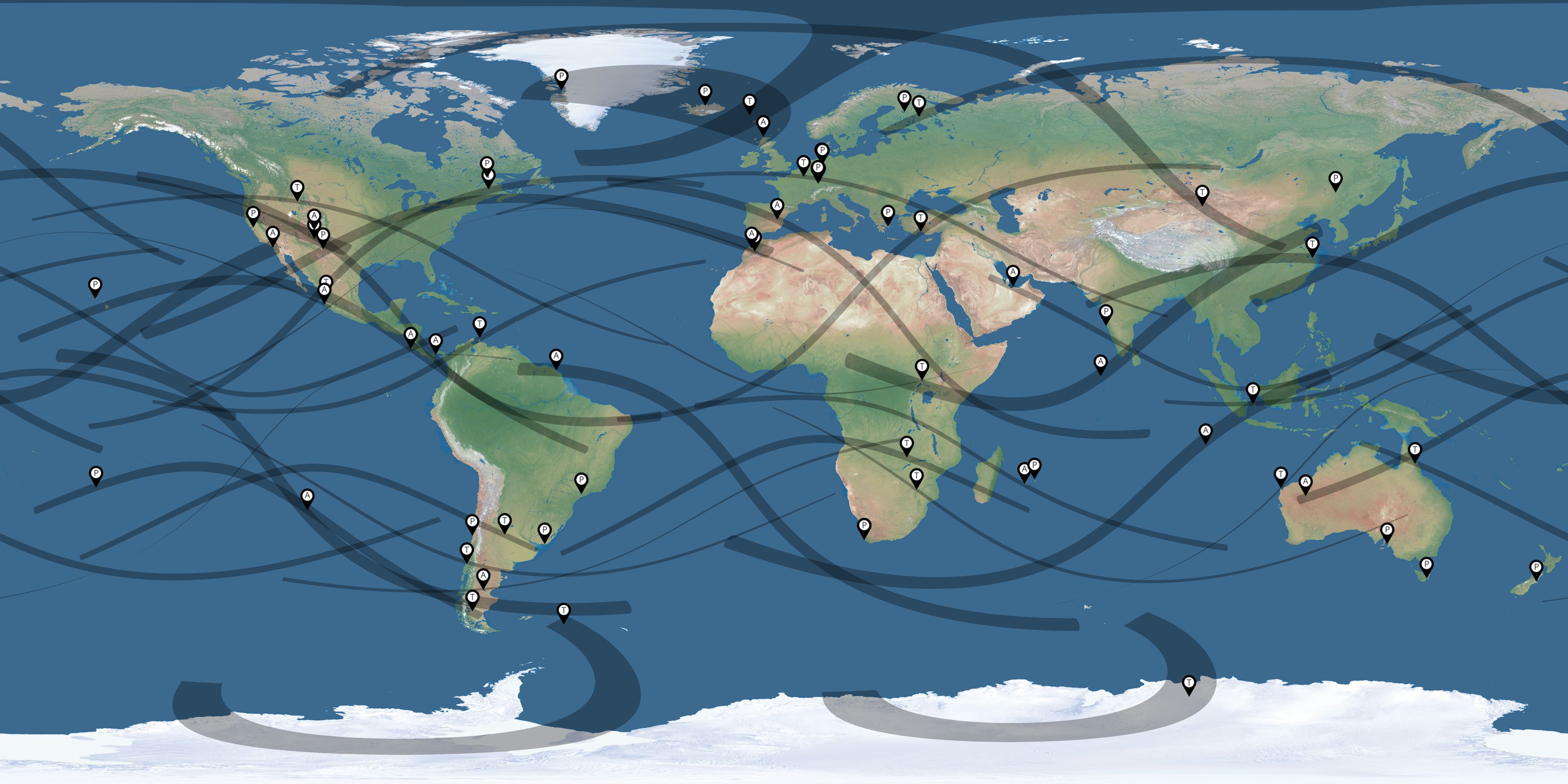 Map of the solar eclipses reported by Joerg Schoppmeyer