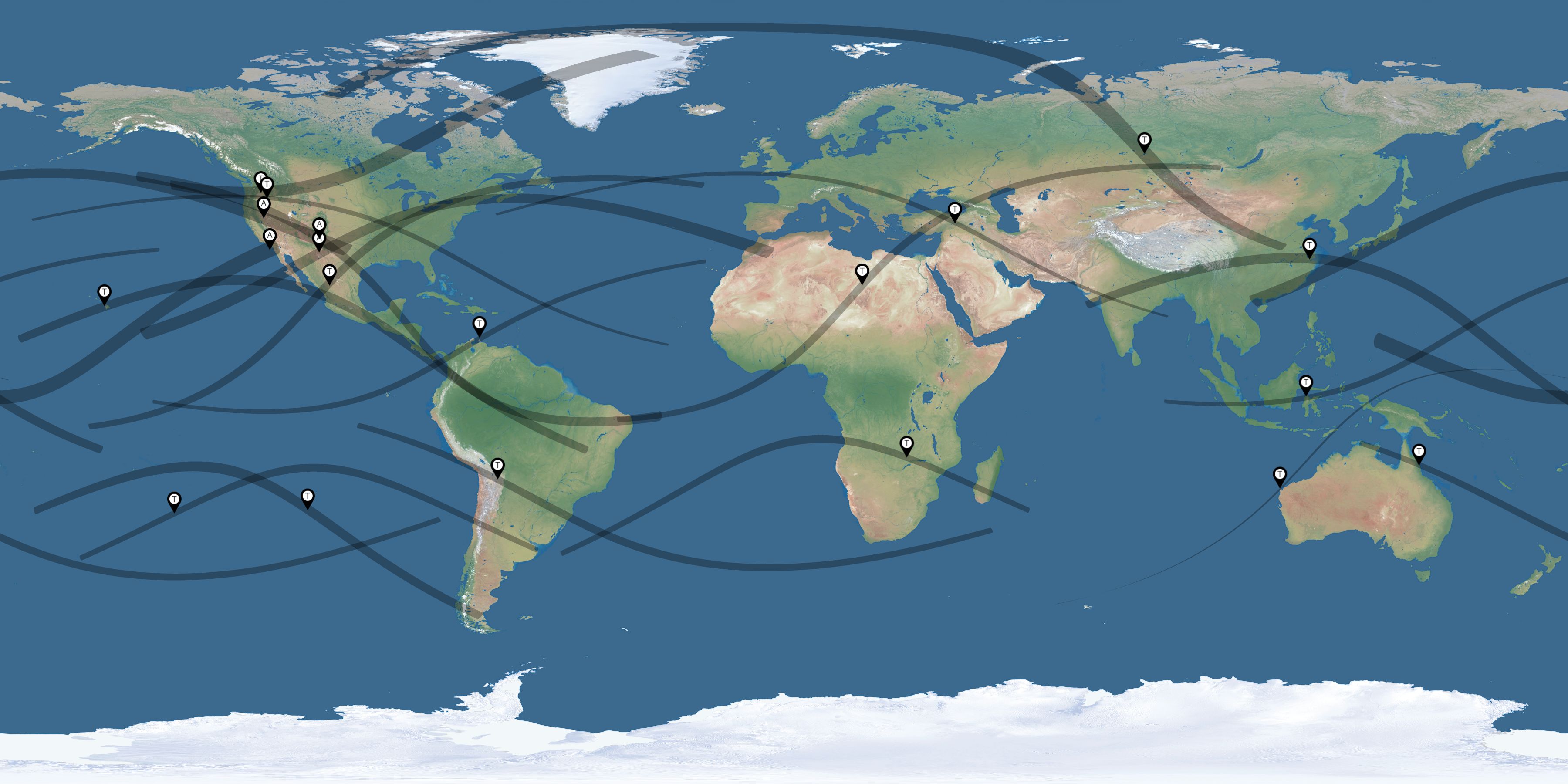 Map of the solar eclipses reported by Jeanne Loring