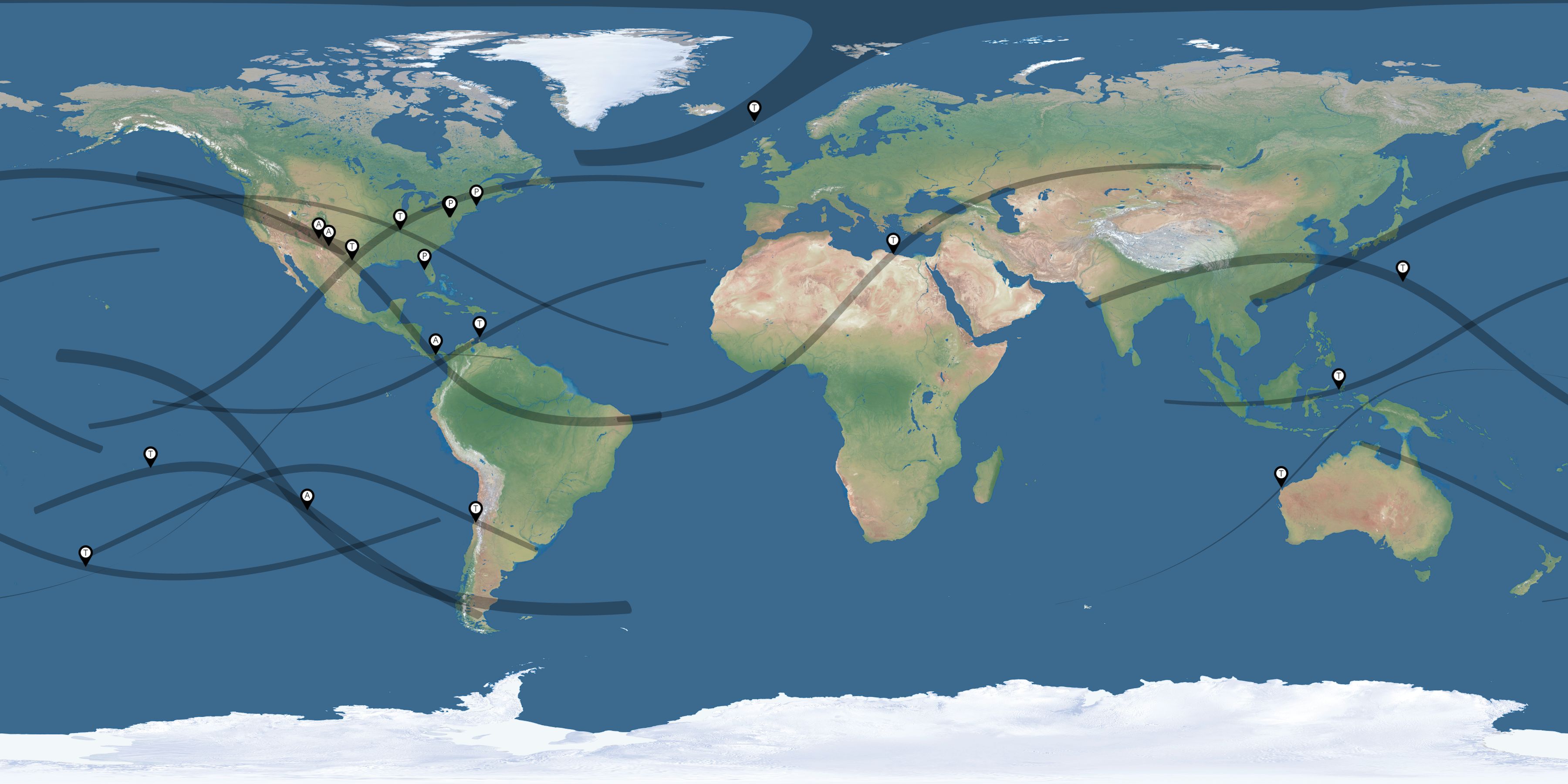 Map of the solar eclipses reported by Brian Bowers