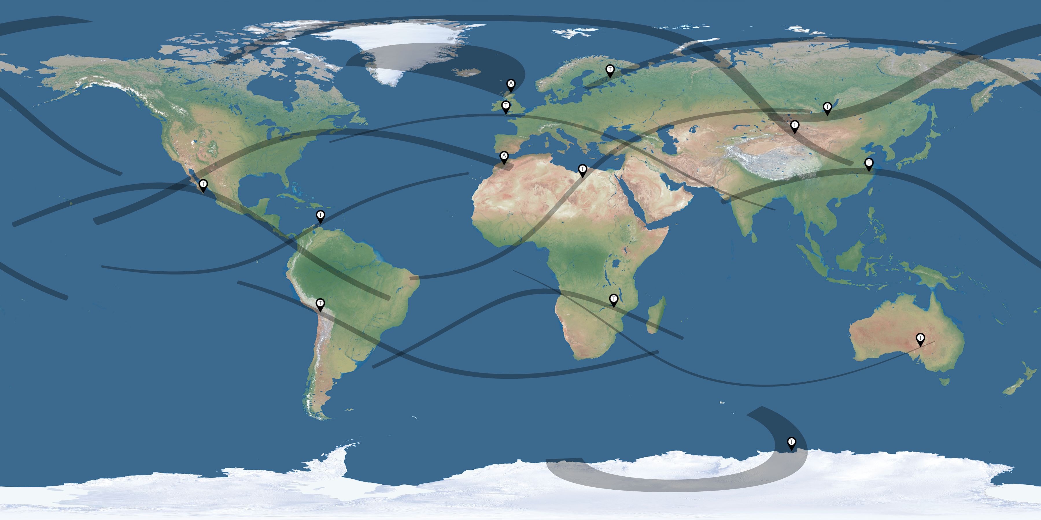 Map of the solar eclipses reported by Paul Carter
