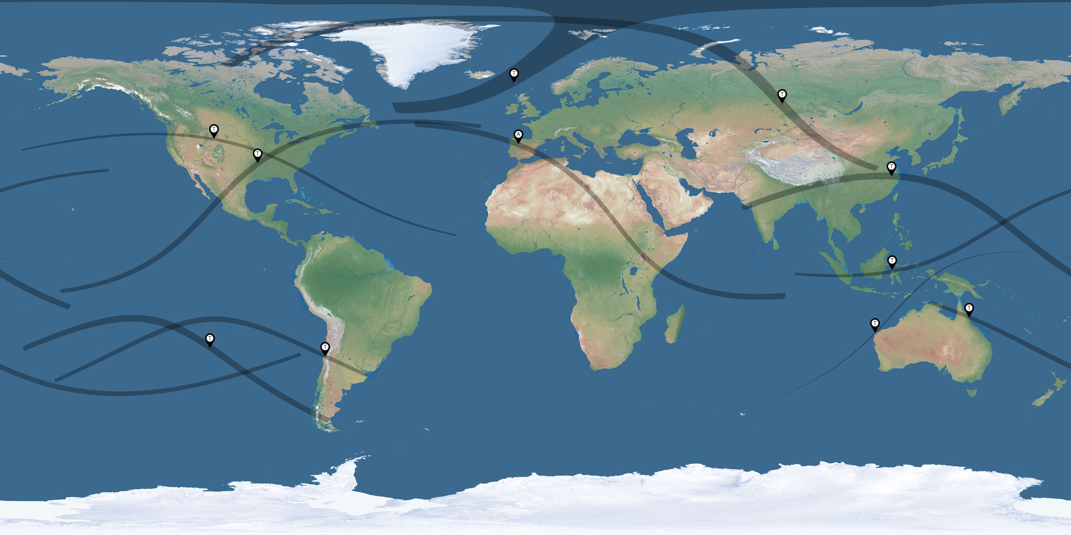 Map of the solar eclipses reported by África Fernández Rosende