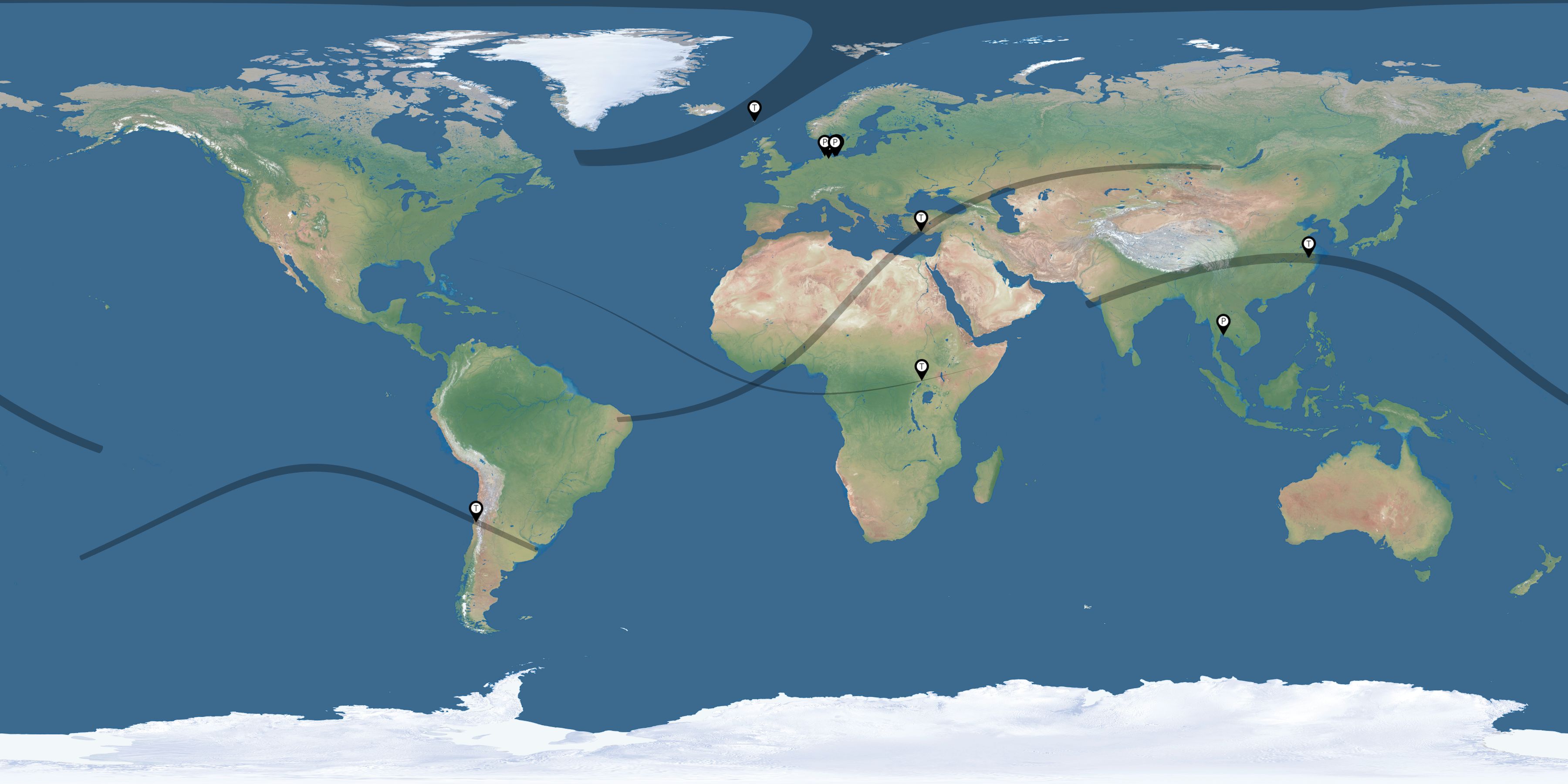 Map of the solar eclipses reported by Maik Petersdorf