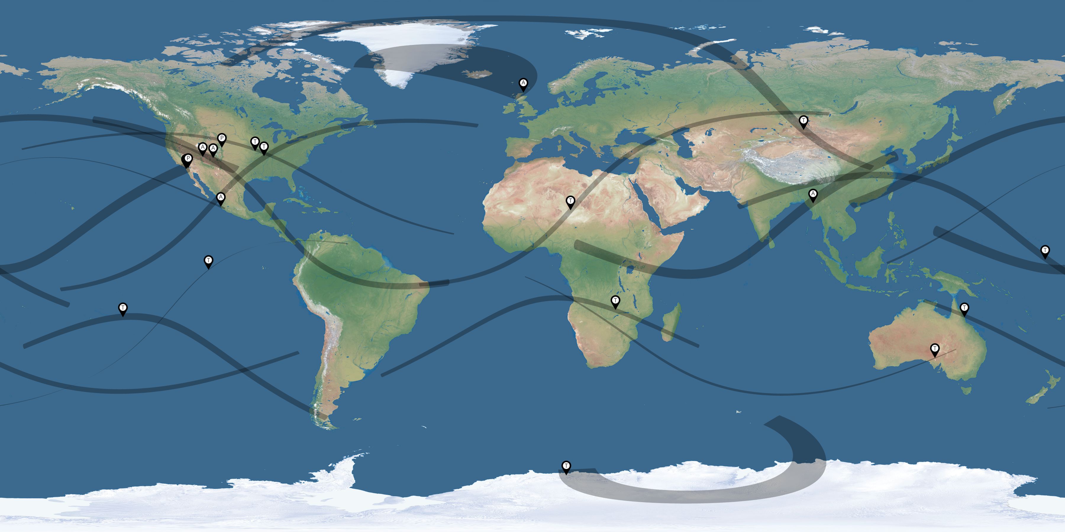 Map of the solar eclipses reported by Fred Bruenjes