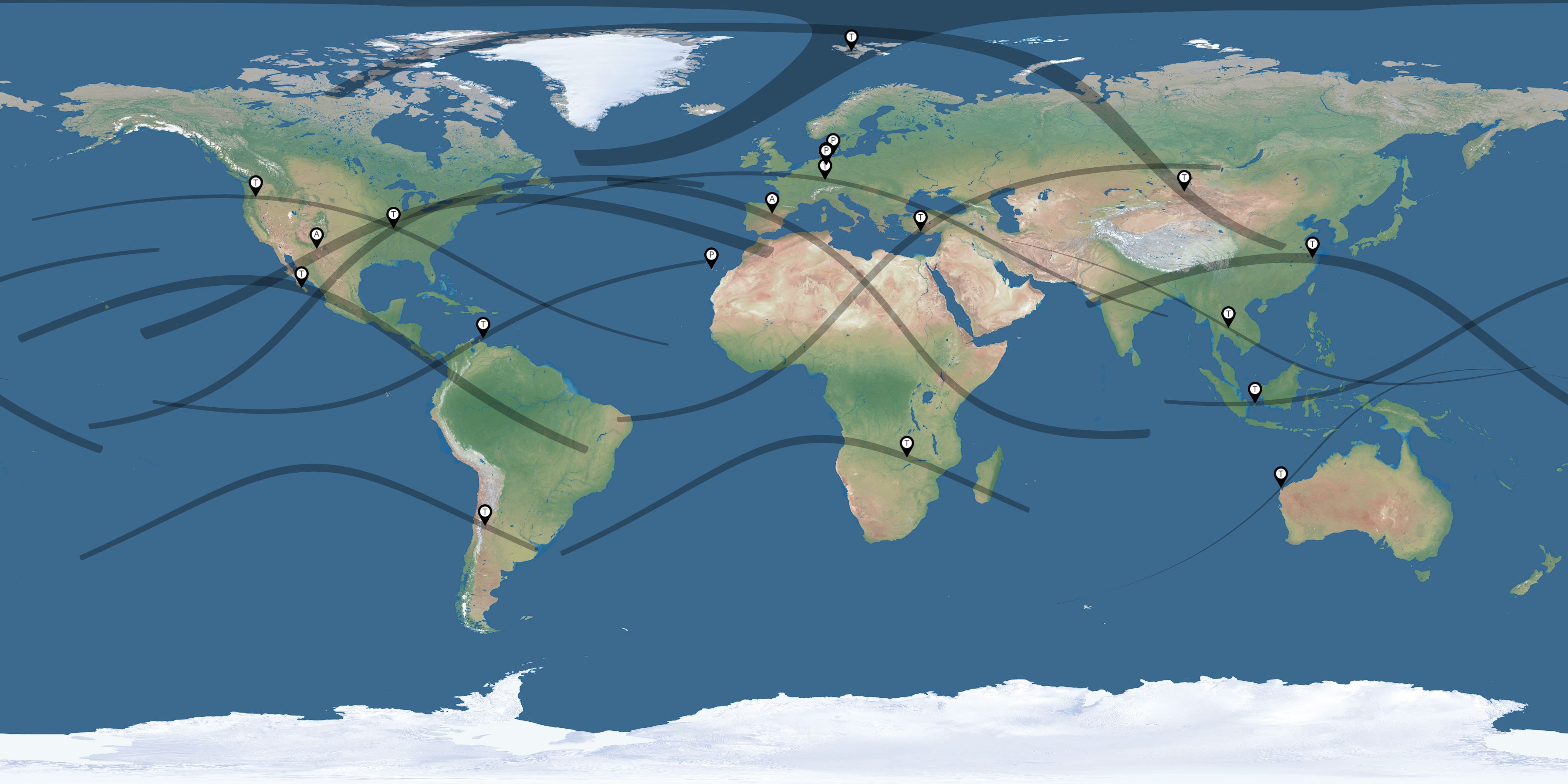 Map of the solar eclipses reported by Michael Mushardt