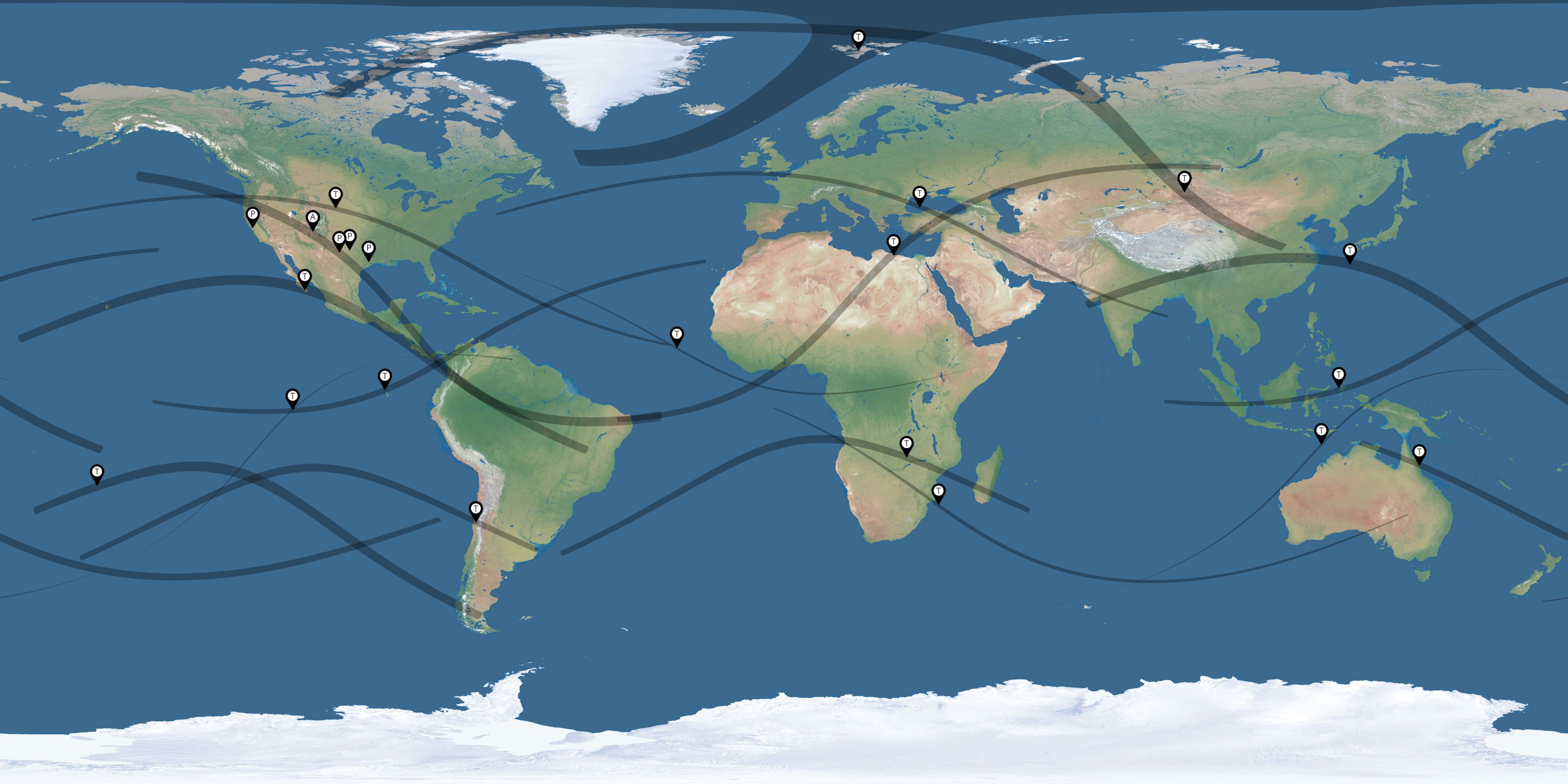 Map of the solar eclipses reported by Peggy Norris