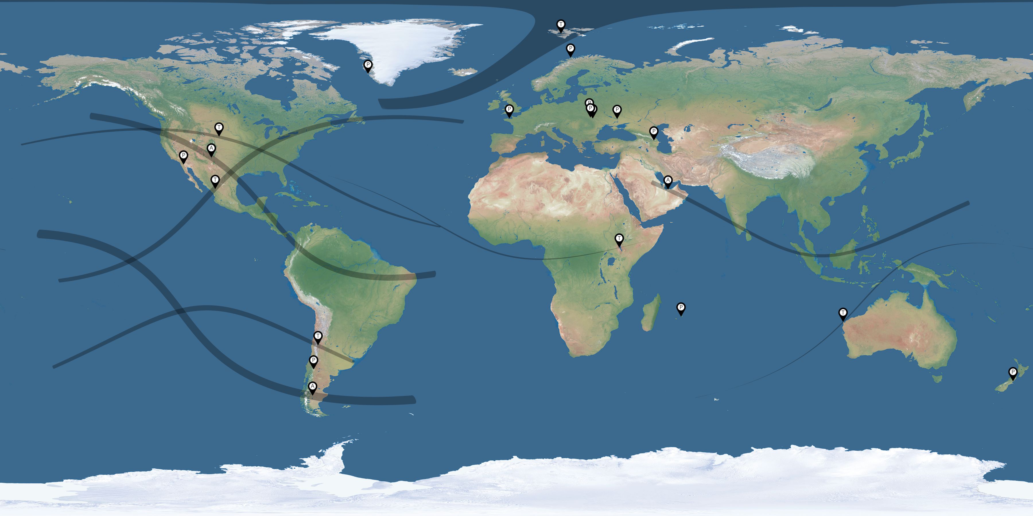 Map of the solar eclipses reported by Roman Kostenko