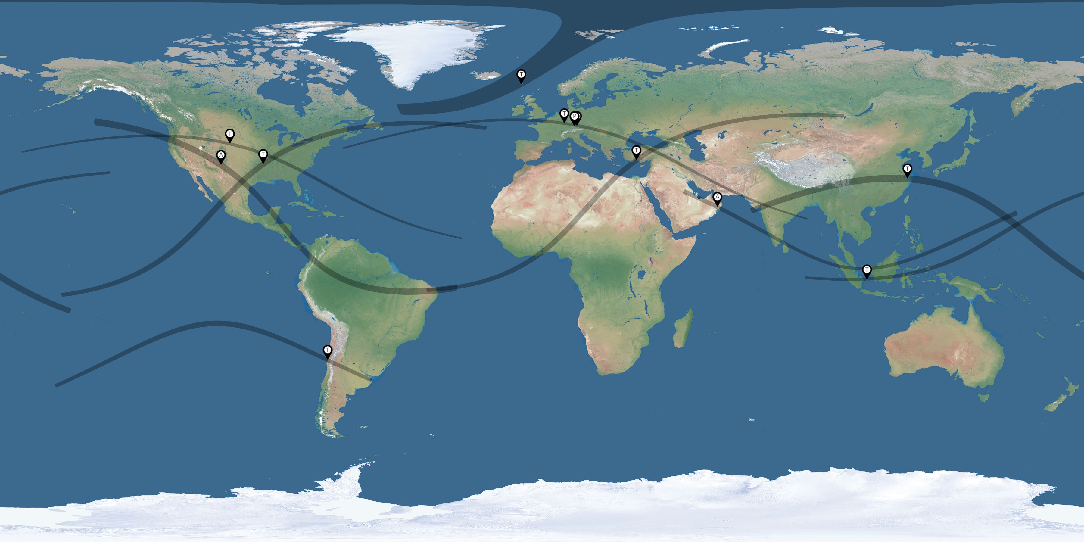 Map of the solar eclipses reported by Richard Schreiber