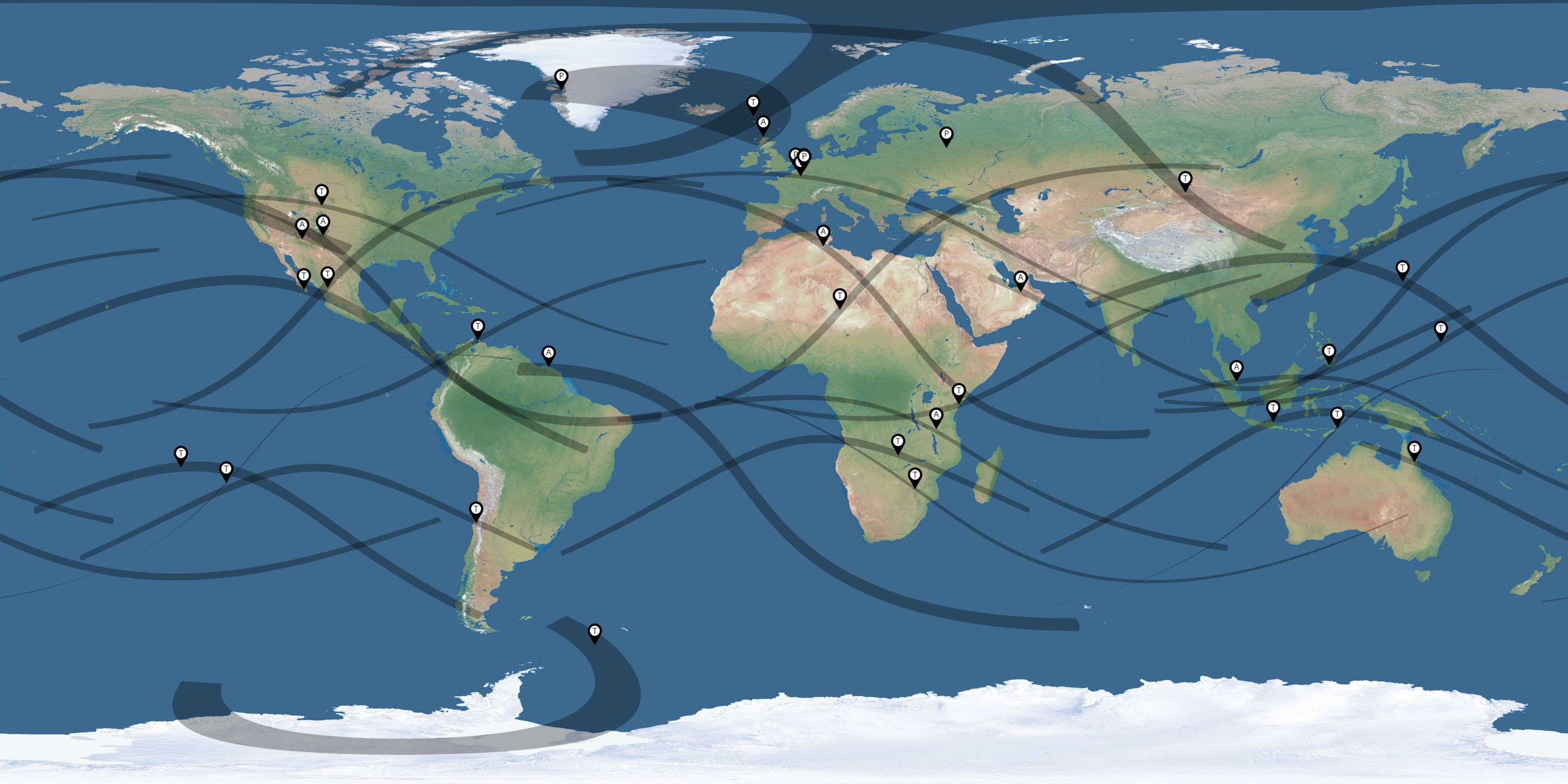 Map of the solar eclipses reported by Kris Delcourte
