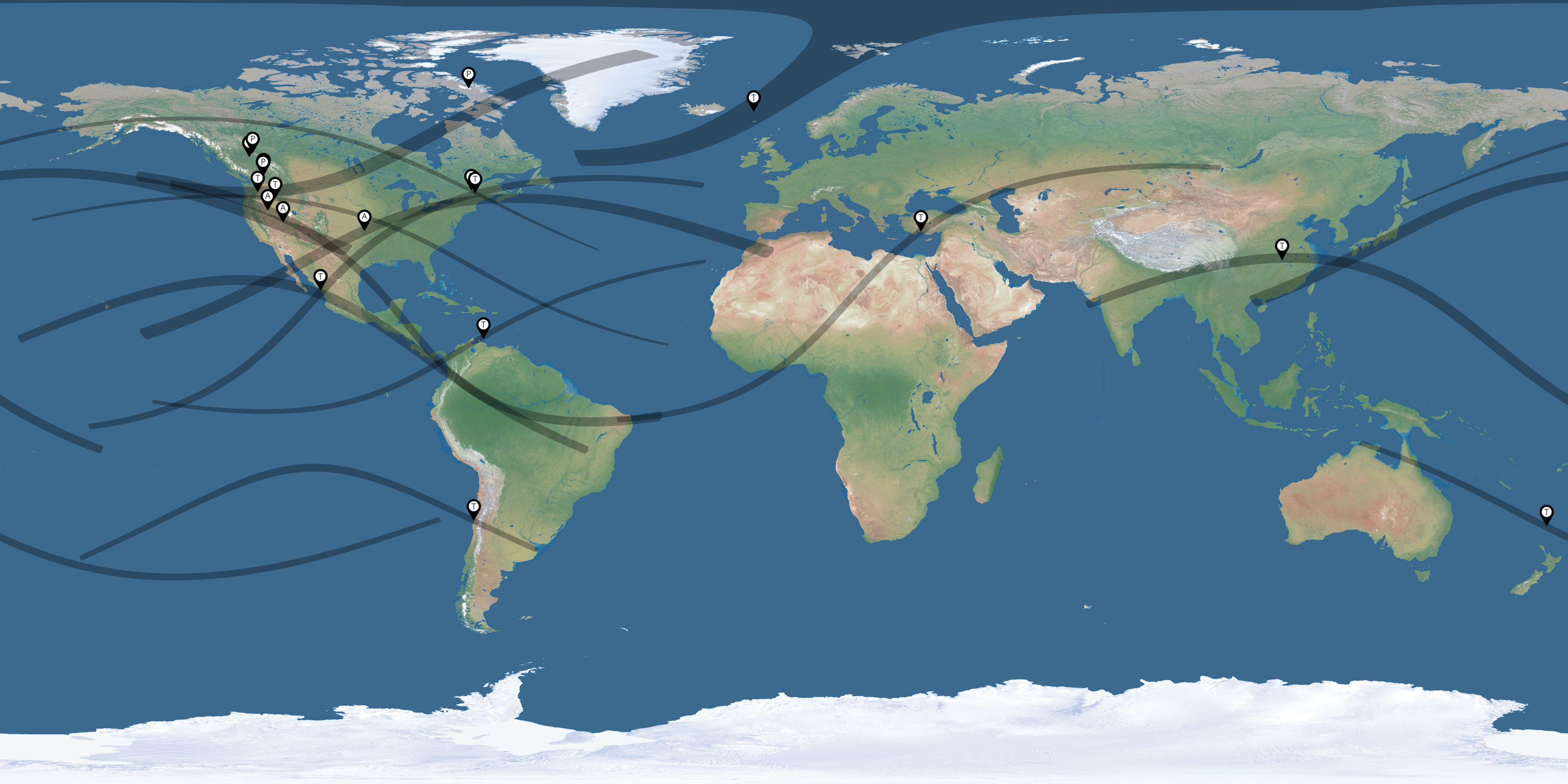 Map of the solar eclipses reported by Alan Whitman