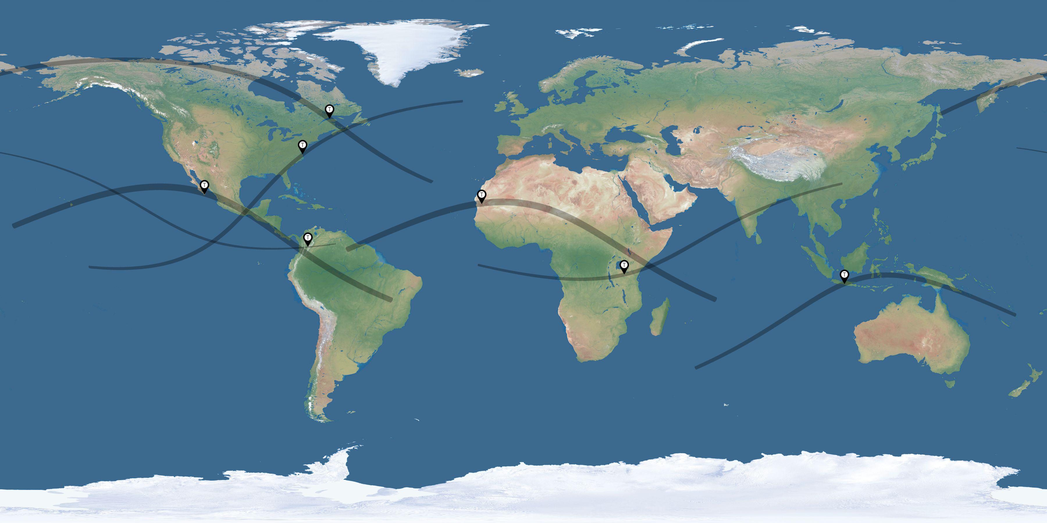 Map of the solar eclipses reported by Robin Clark