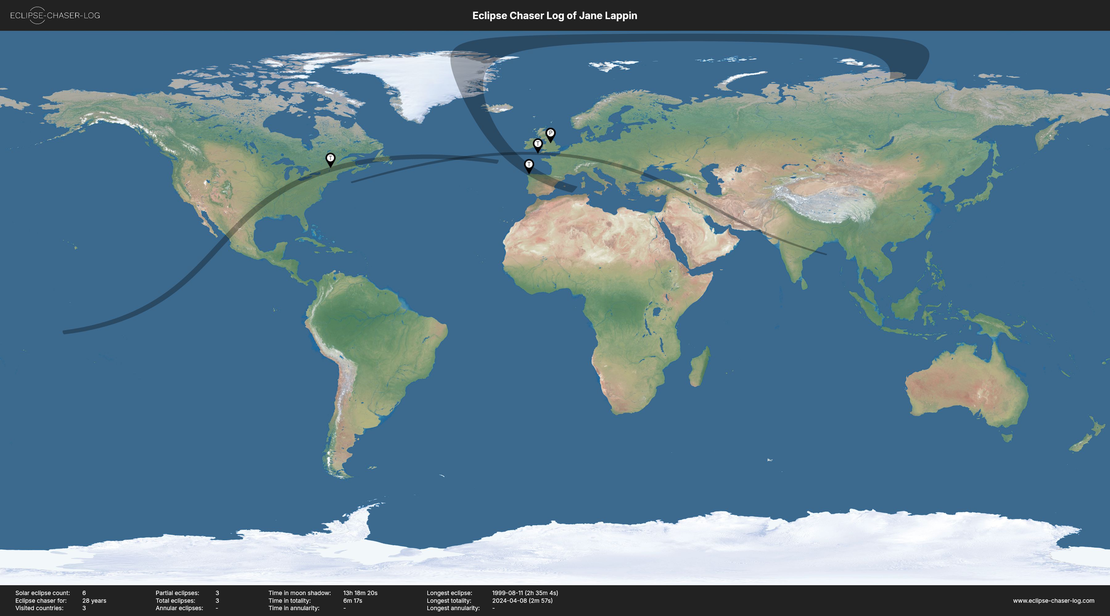 Map of the solar eclipses observed by Jane Lappin