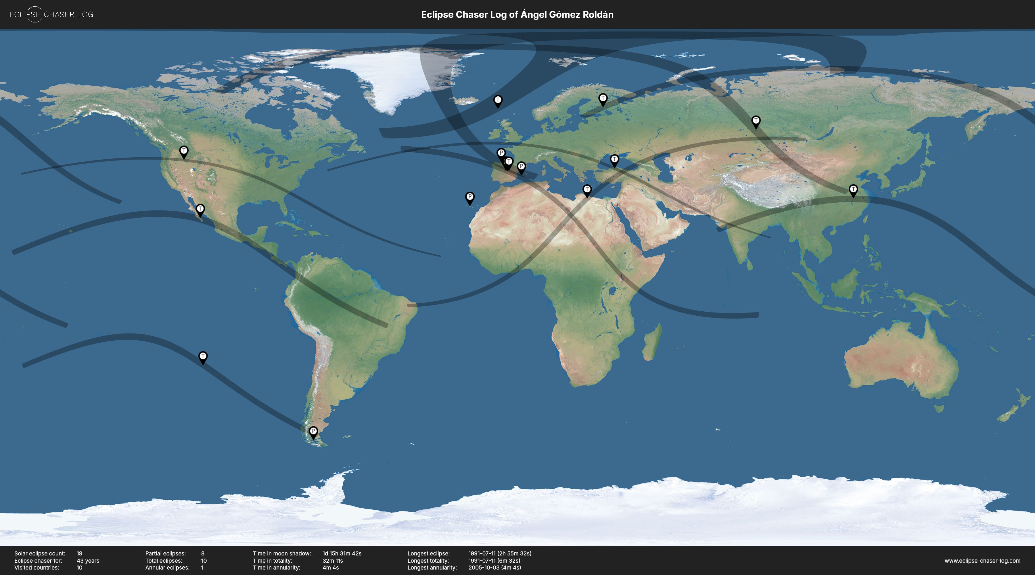 Map of the solar eclipses observed by Ángel Gómez Roldán