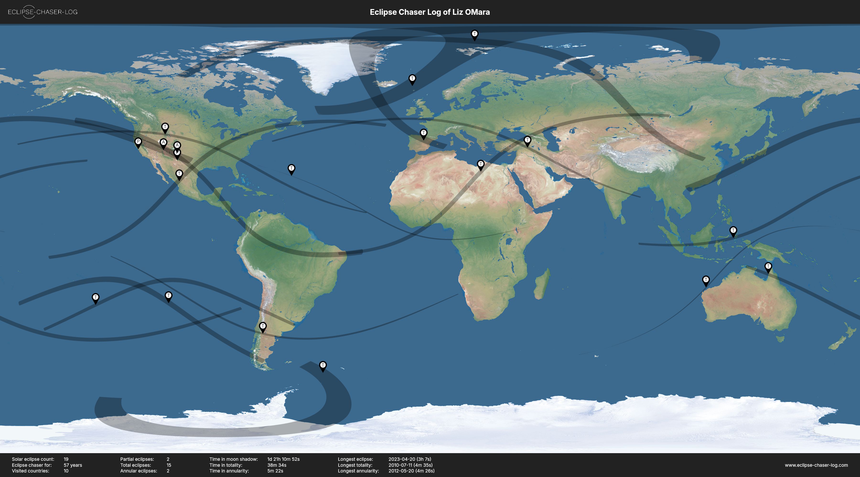 Map of the solar eclipses observed by Liz OMara