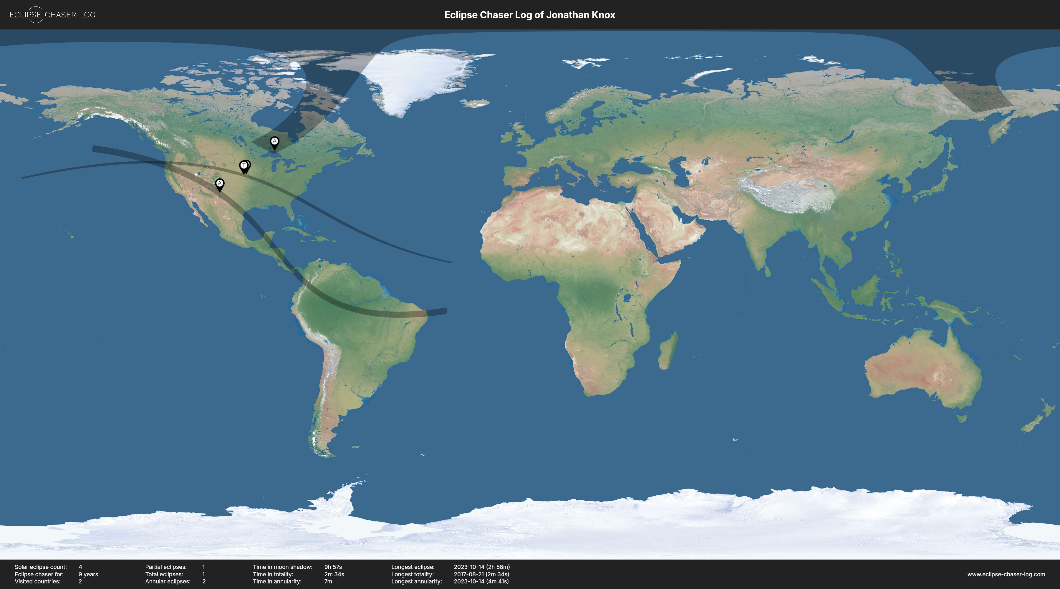 Map of the solar eclipses observed by Jonathan Knox
