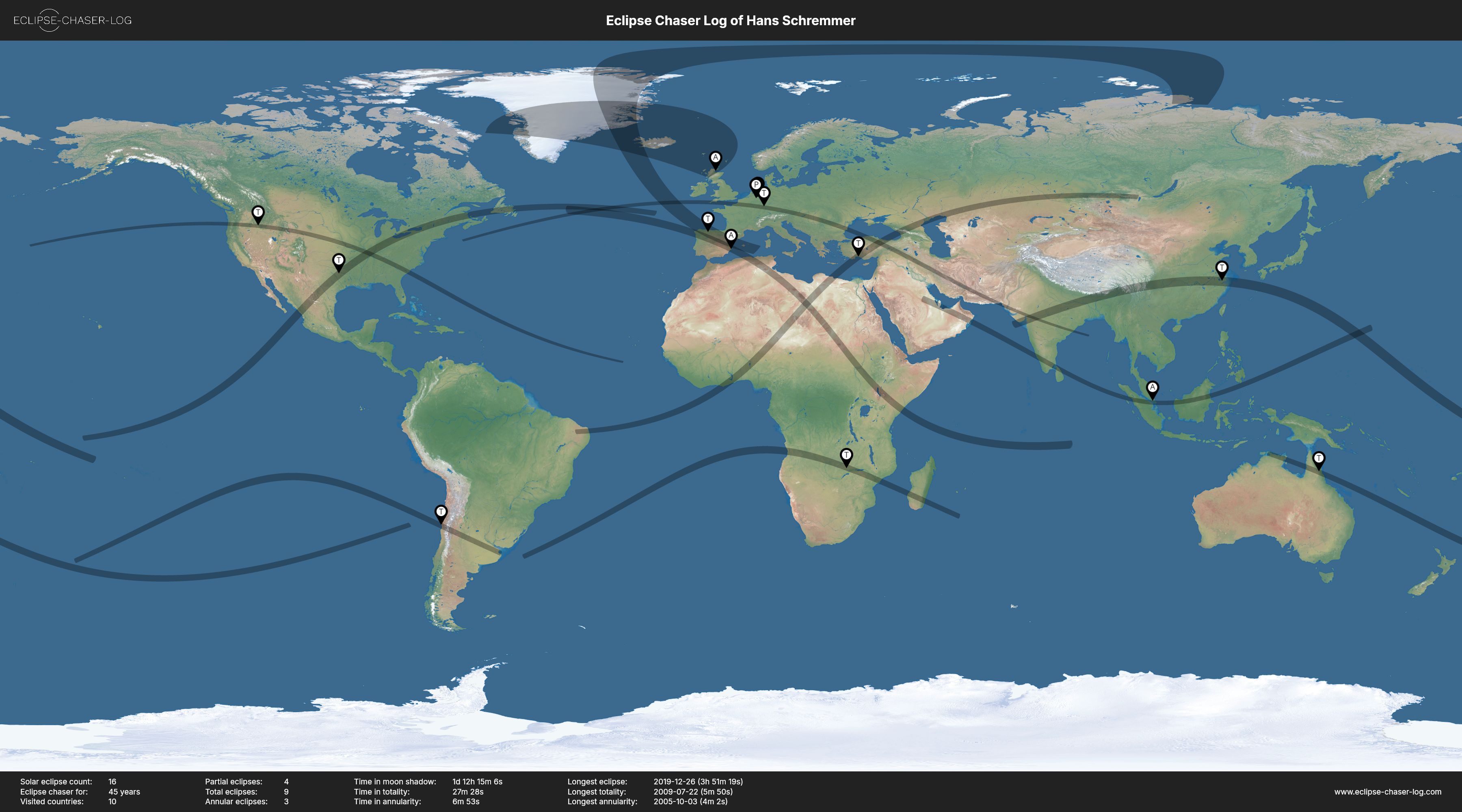 Map of the solar eclipses observed by Hans Schremmer