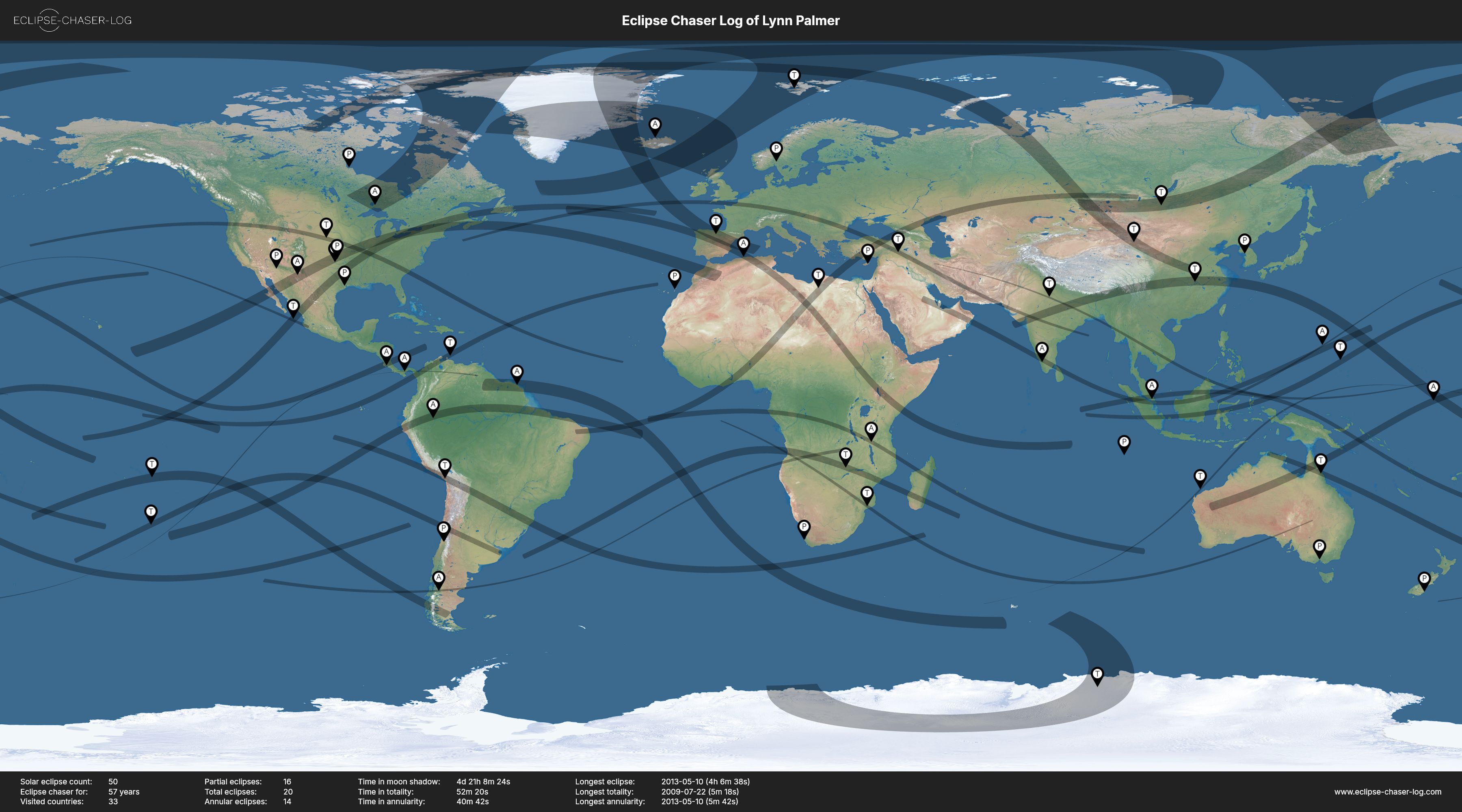 Map of the solar eclipses observed by Lynn Palmer