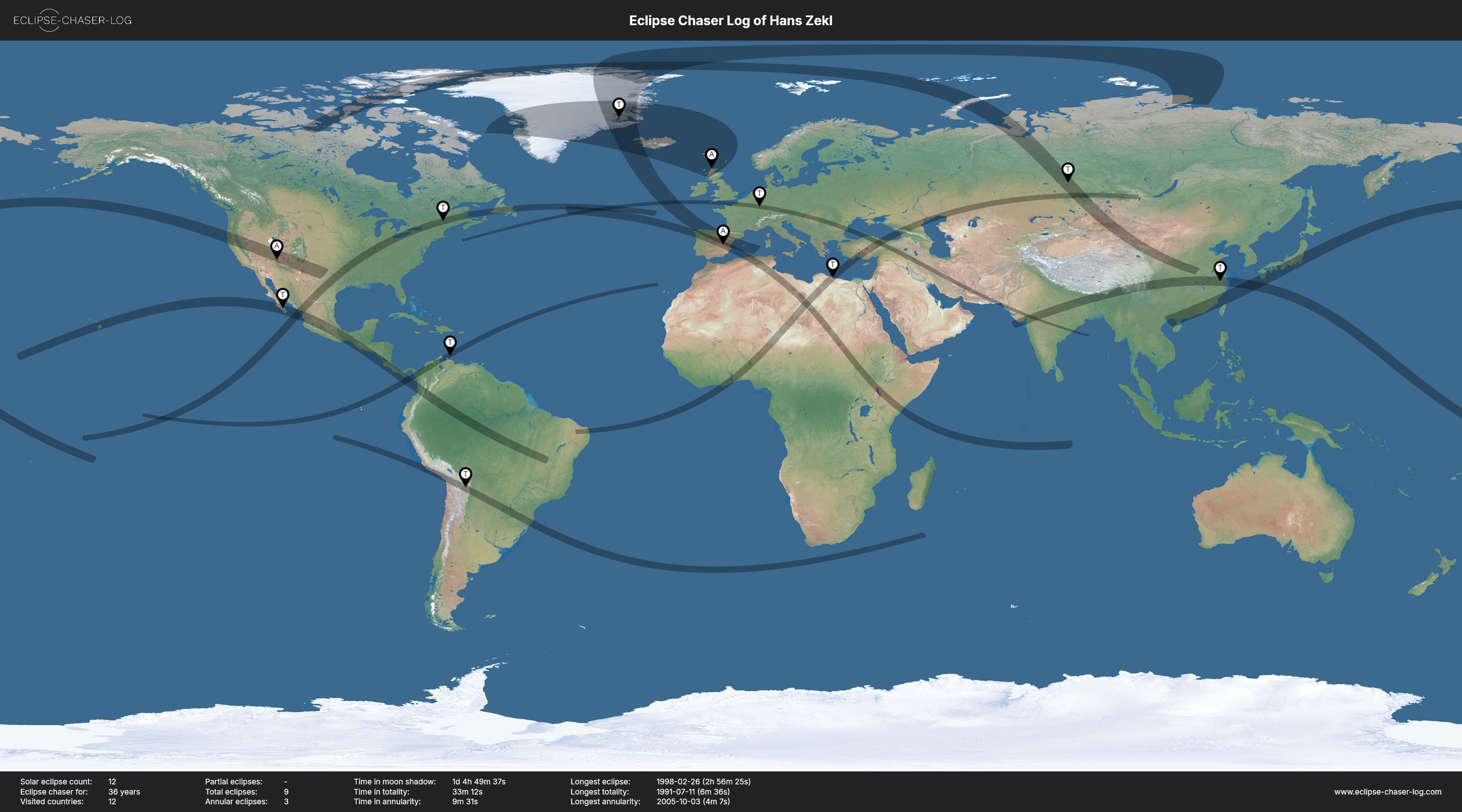 Map of the solar eclipses observed by Hans Zekl