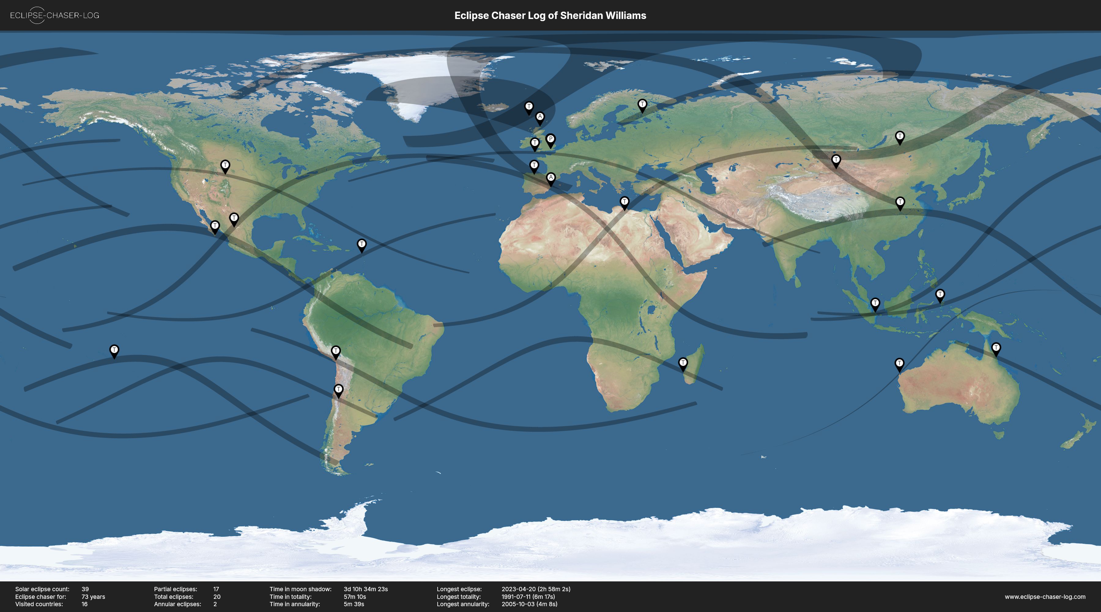 Map of the solar eclipses observed by Sheridan Williams