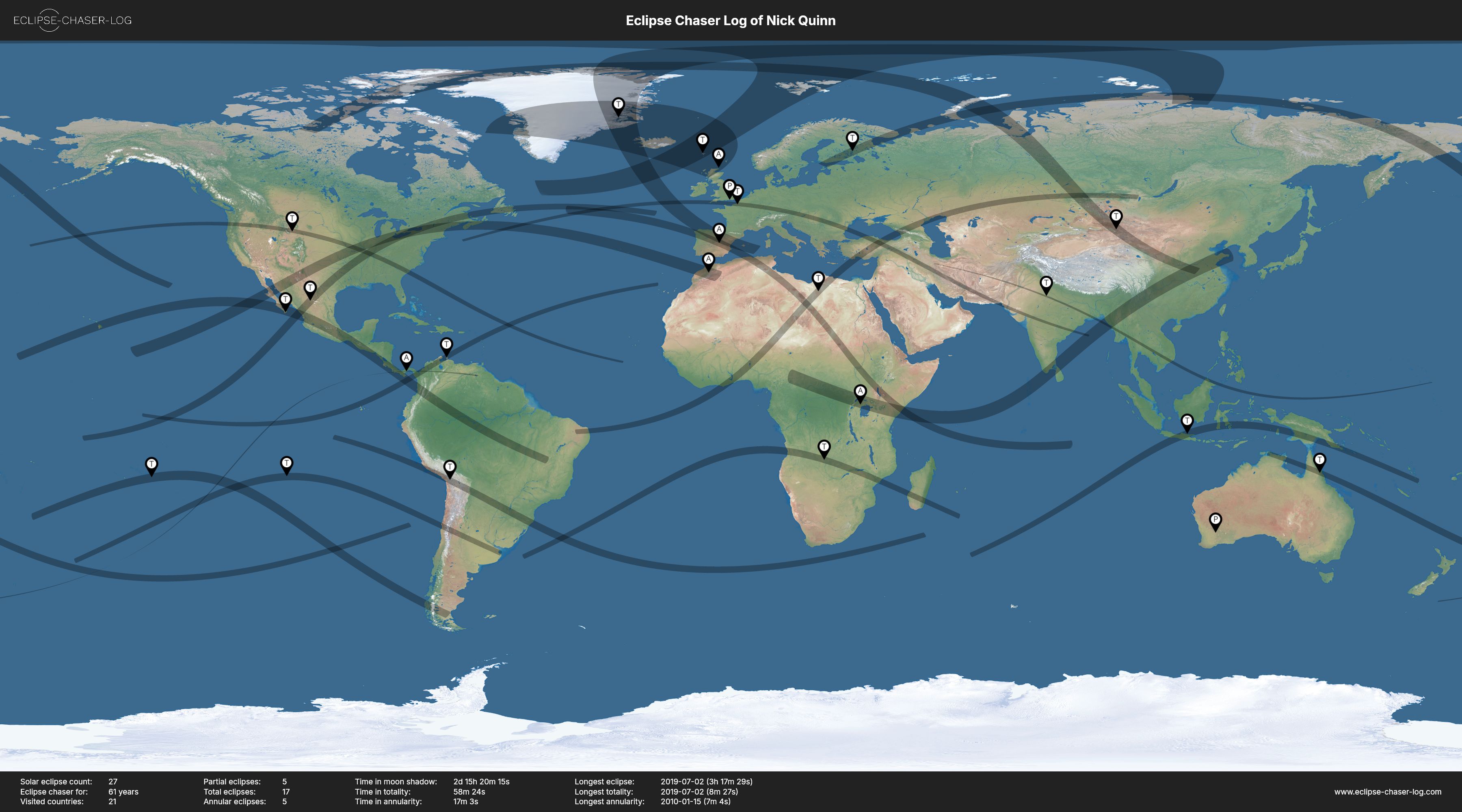 Map of the solar eclipses observed by Nick Quinn