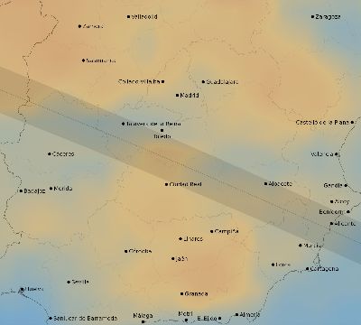 Map of the average cloud coverage across Spain for the solar eclipse of 05/28/1900