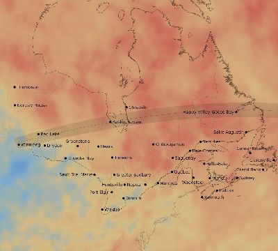 Map of the average cloud coverage across Canada for the solar eclipse of 08/30/1905