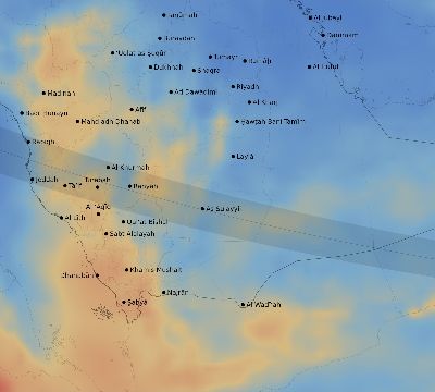 Map of the average cloud coverage across Saudi Arabia for the solar eclipse of 08/30/1905