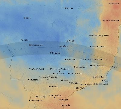 Map of the average cloud coverage across Brazil for the solar eclipse of 07/10/1907