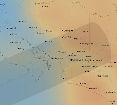 Map of the average cloud coverage across Costa Rica for the solar eclipse of 01/03/1908